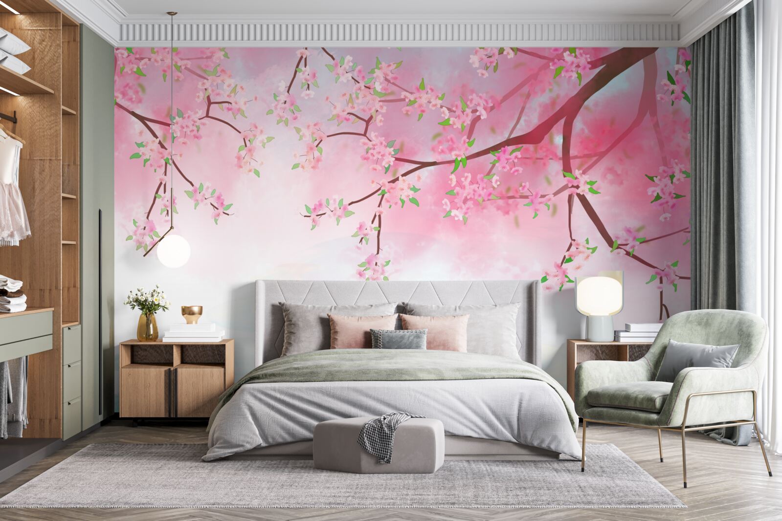 Фотошпалери на гілках дерев розпускаються квіти троянд