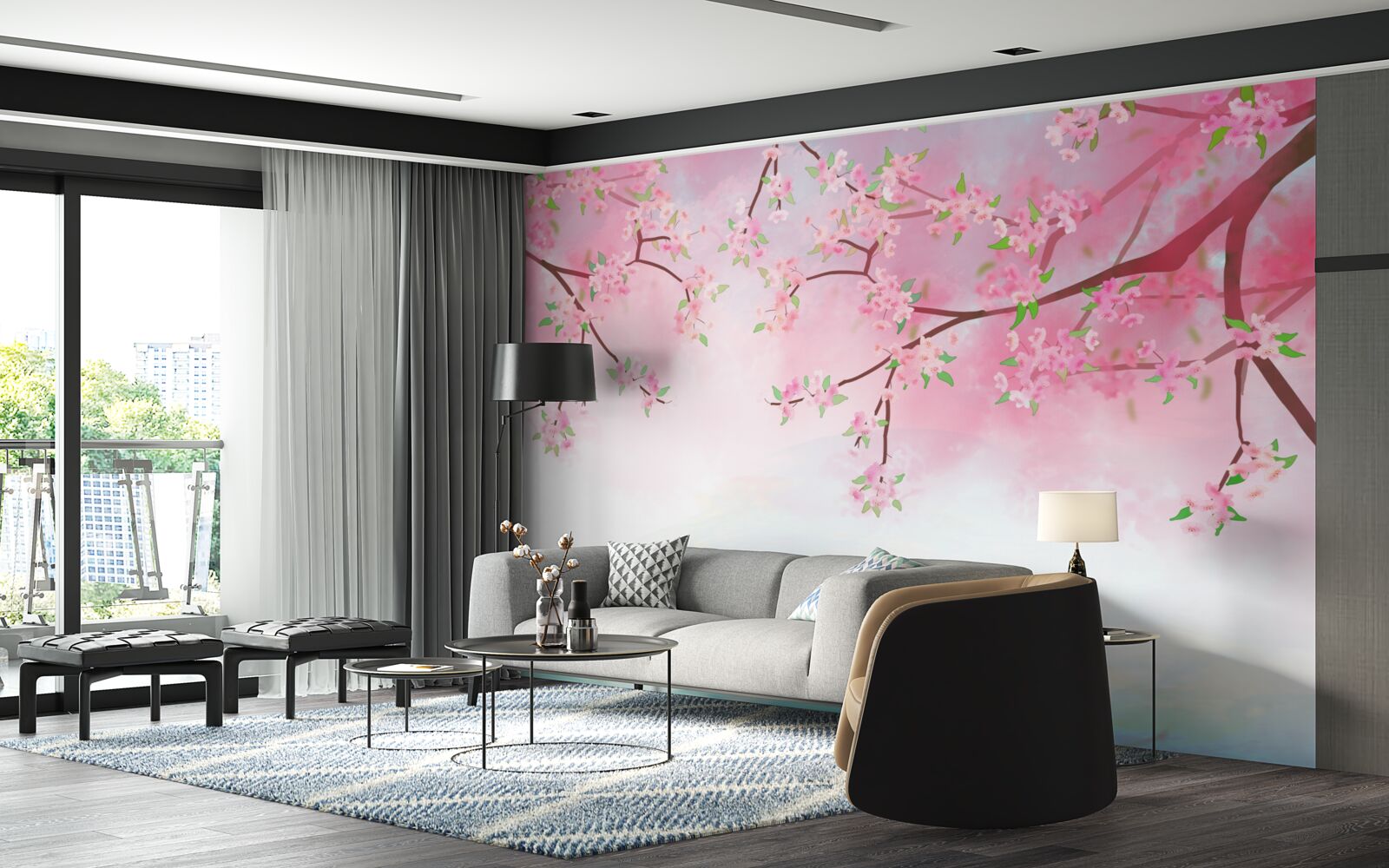 Фотошпалери на гілках дерев розпускаються квіти троянд