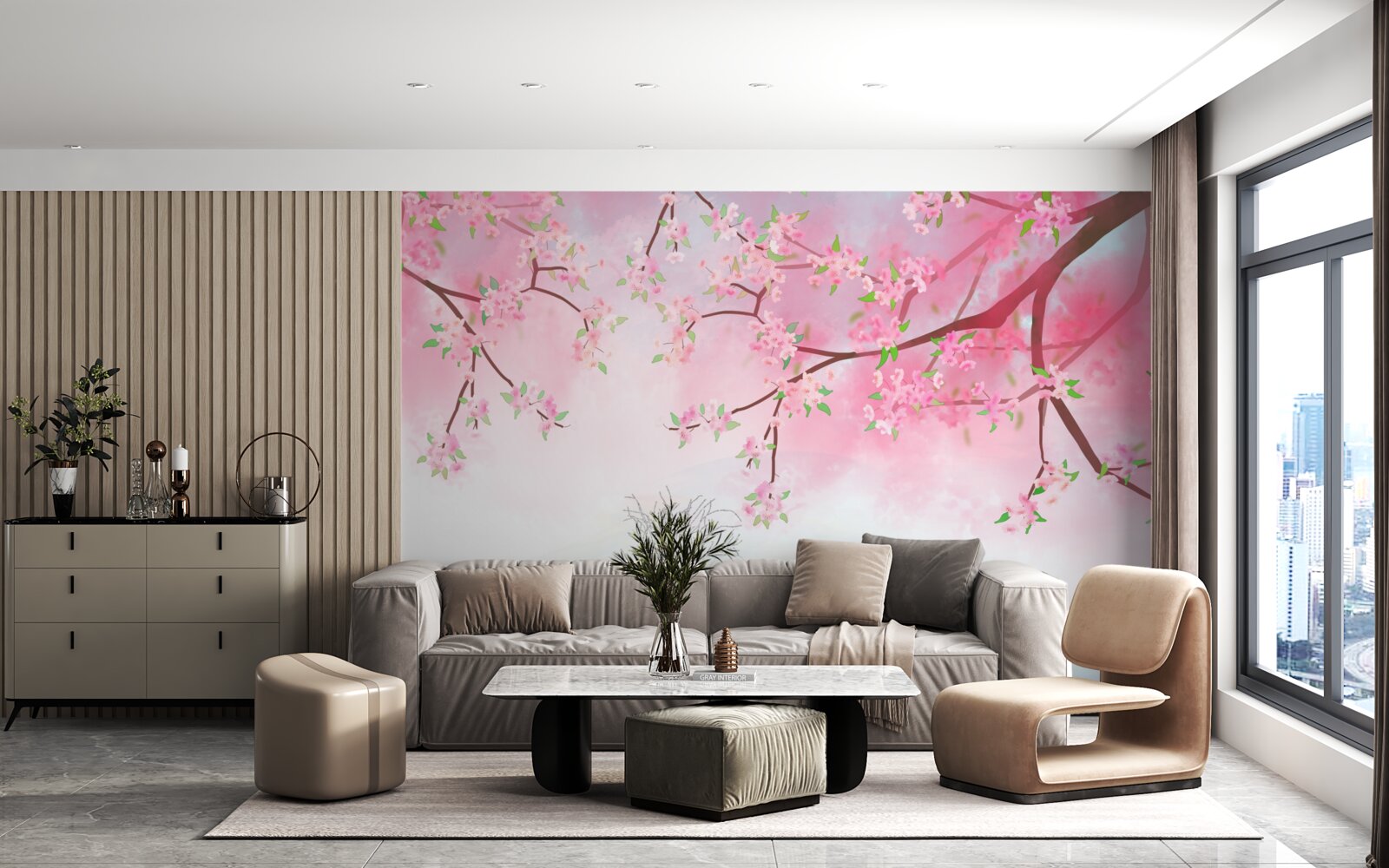 Фотошпалери на гілках дерев розпускаються квіти троянд