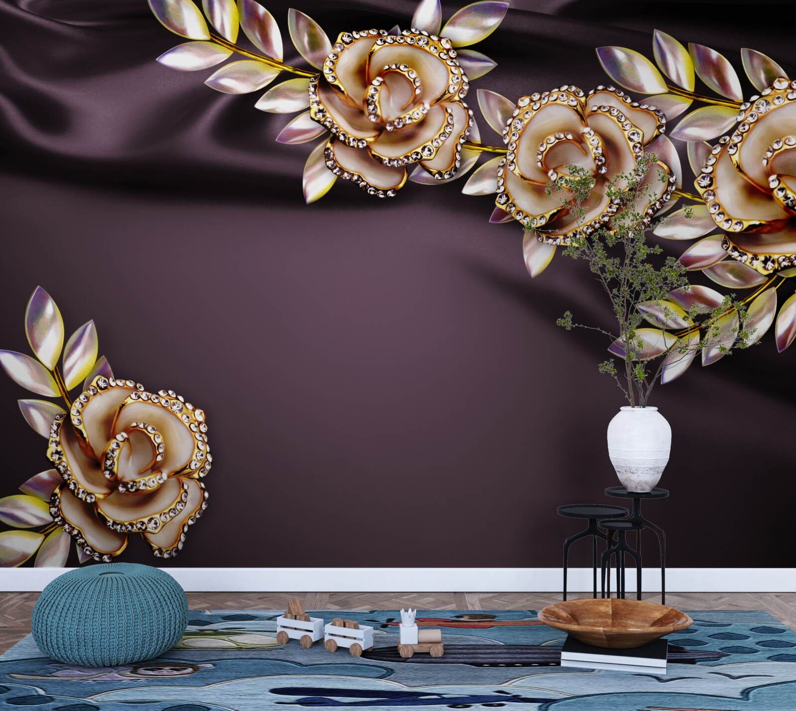 Фотошпалери троянди із золота з листям в якості прикраси