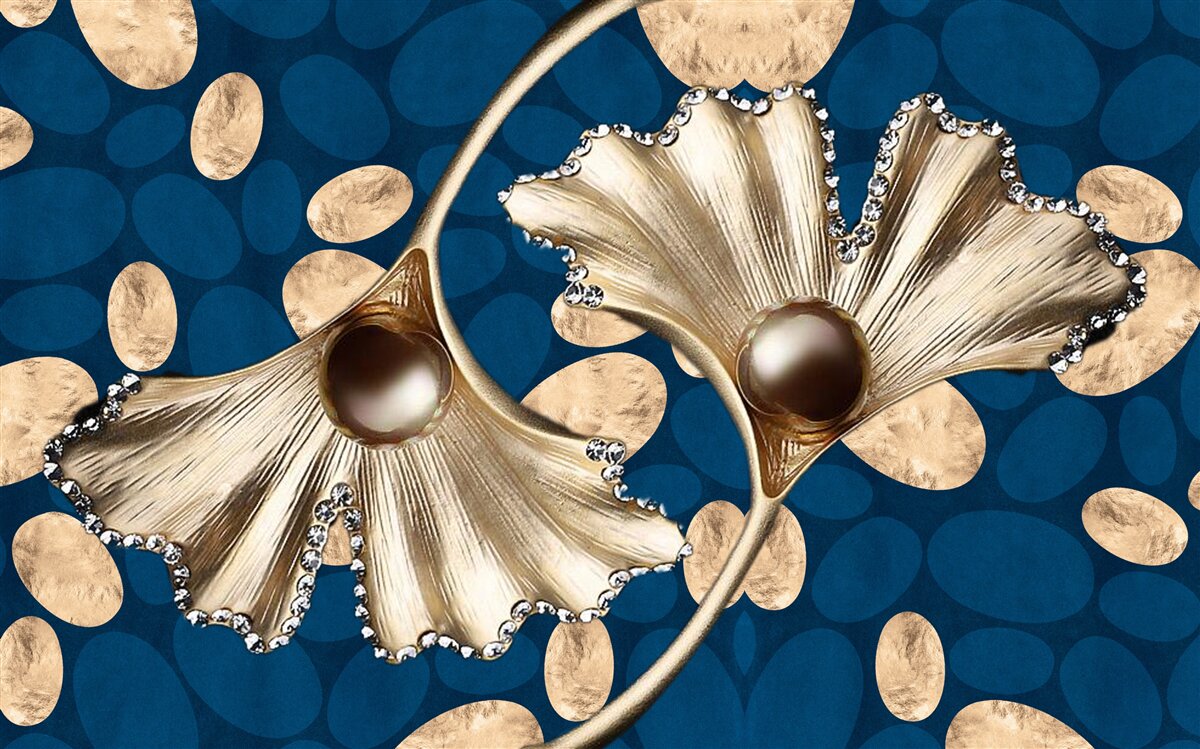 Фотошпалери синє тло прикрашене золотими квітами