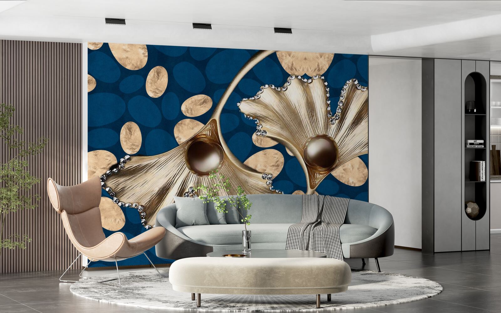 Фотошпалери синє тло прикрашене золотими квітами