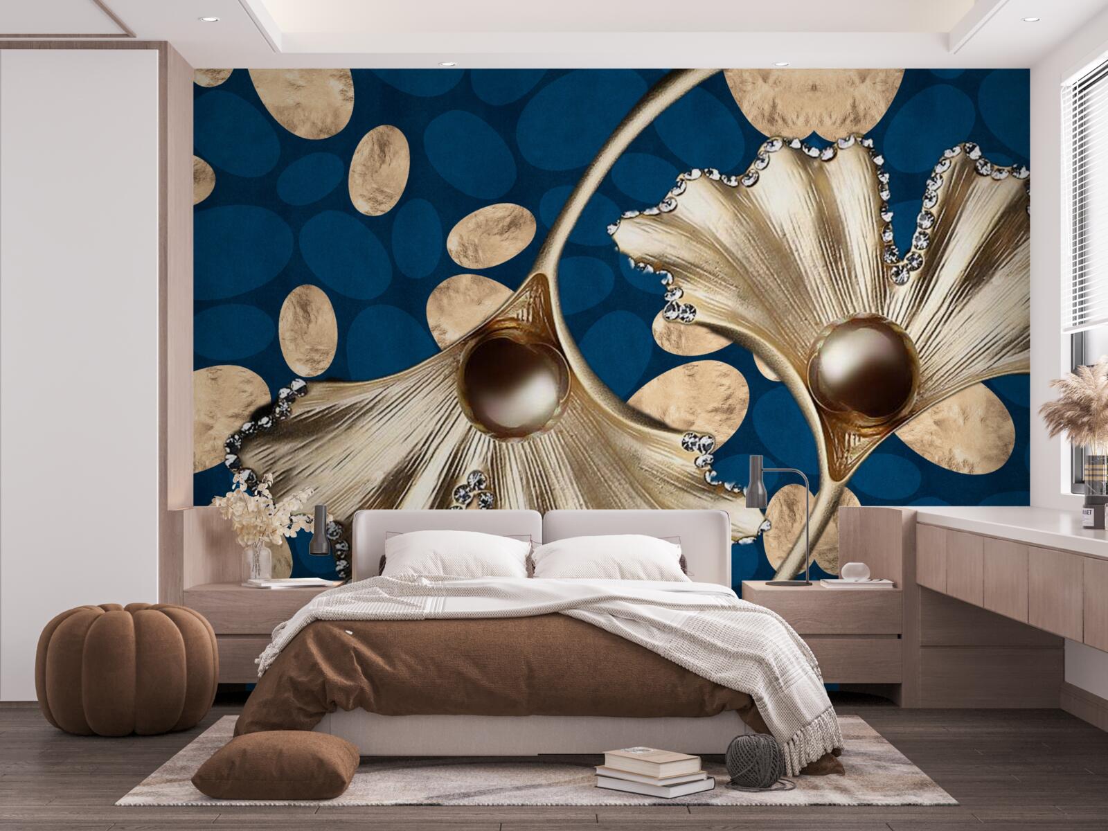 Фотошпалери синє тло прикрашене золотими квітами