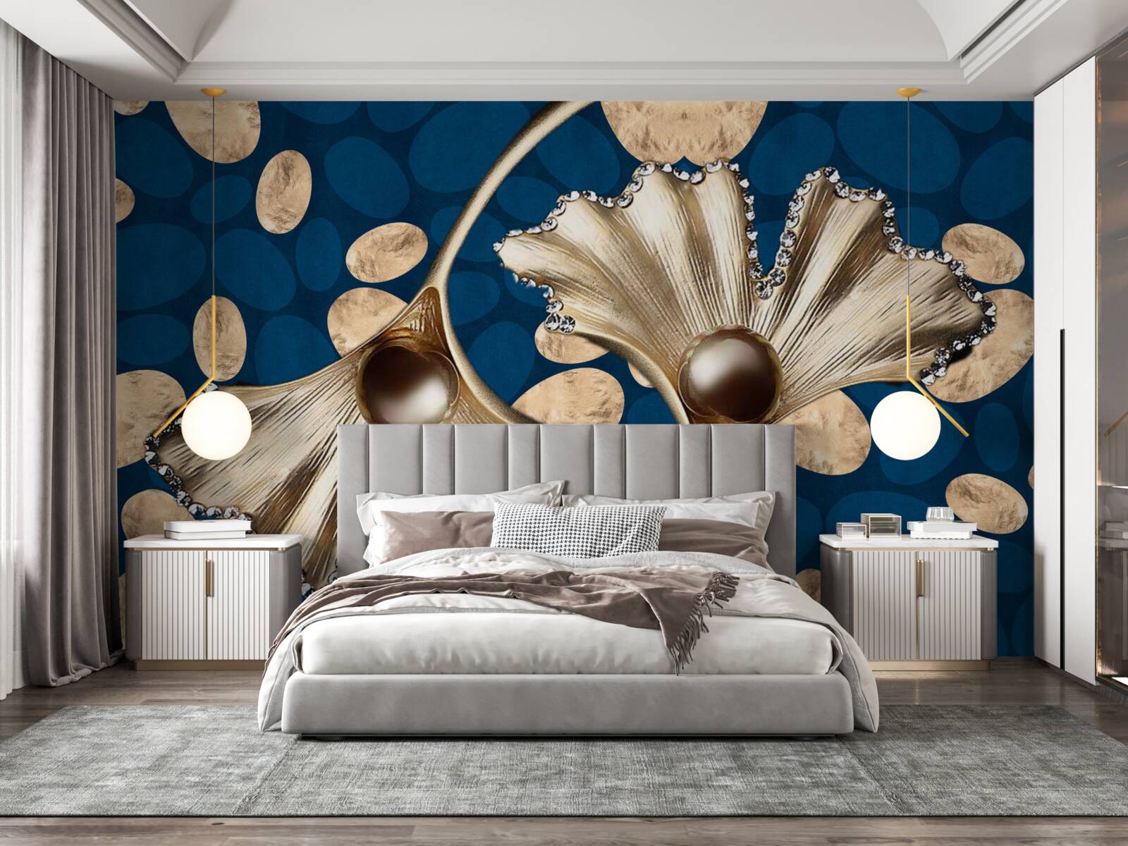 Фотошпалери синє тло прикрашене золотими квітами