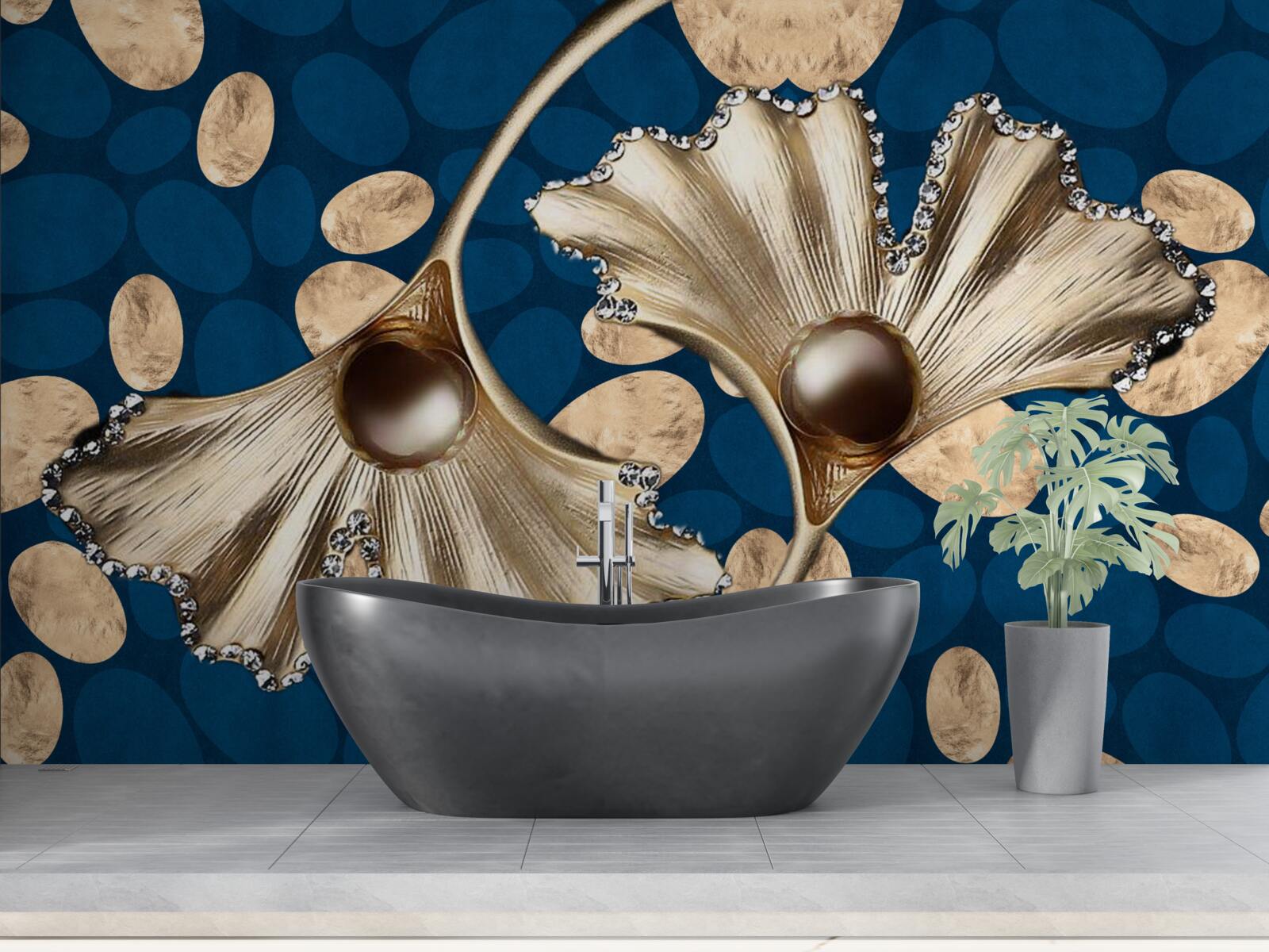 Фотошпалери синє тло прикрашене золотими квітами