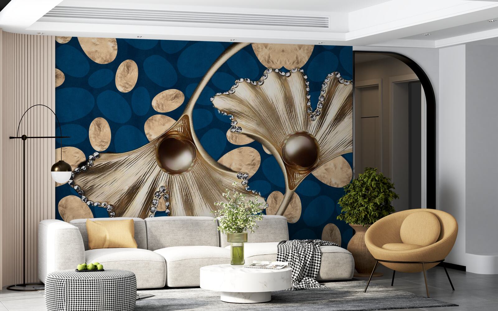 Фотошпалери синє тло прикрашене золотими квітами