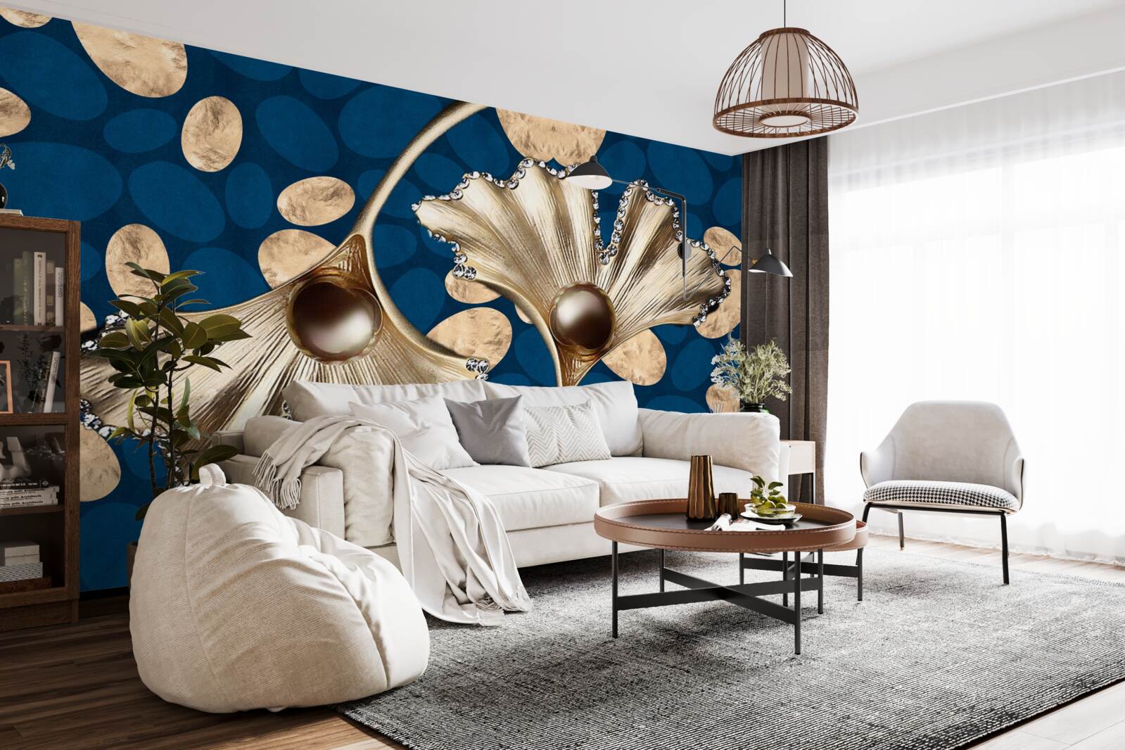 Фотошпалери синє тло прикрашене золотими квітами