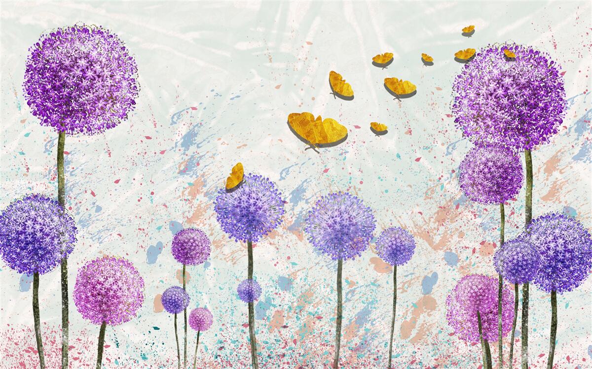 Фотошпалери різнокольорові молочаї та яскраво-золоті метелики