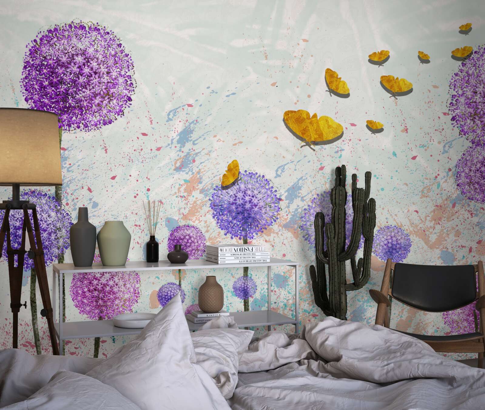 Фотошпалери різнокольорові молочаї та яскраво-золоті метелики