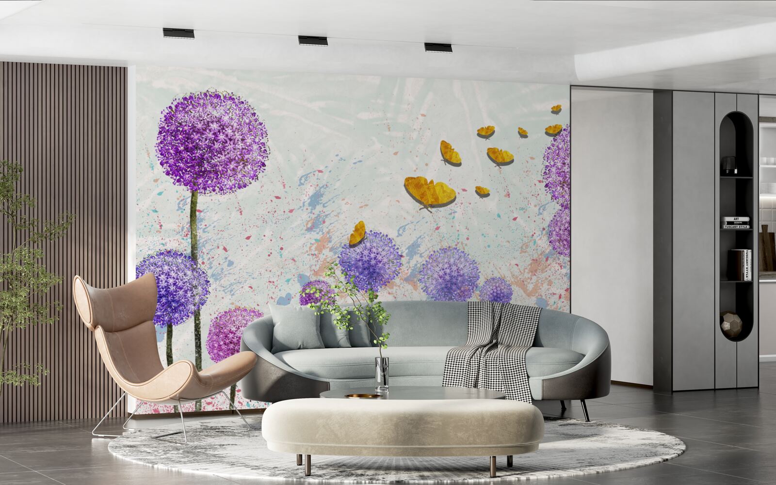 Фотошпалери різнокольорові молочаї та яскраво-золоті метелики