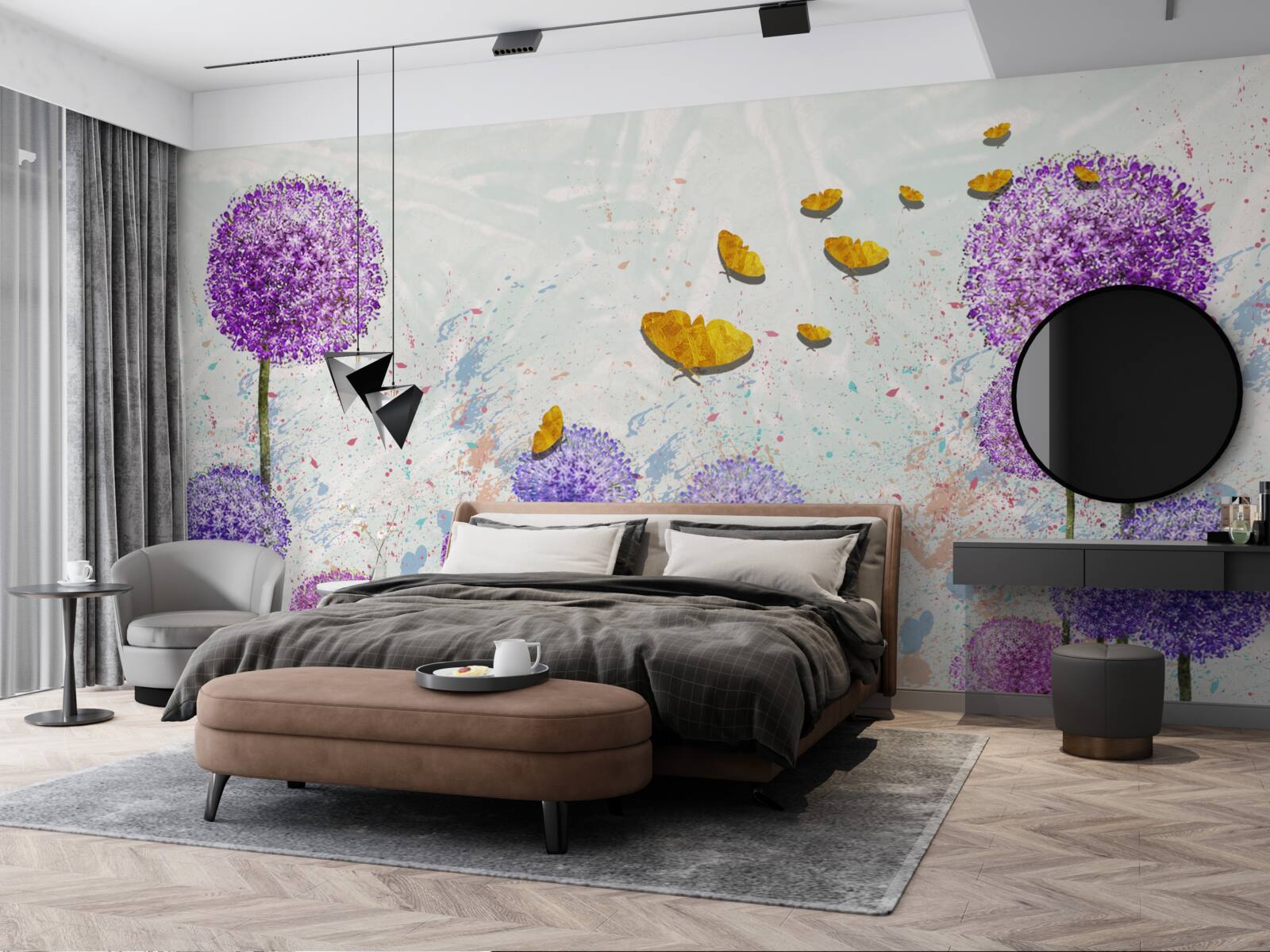 Фотошпалери різнокольорові молочаї та яскраво-золоті метелики