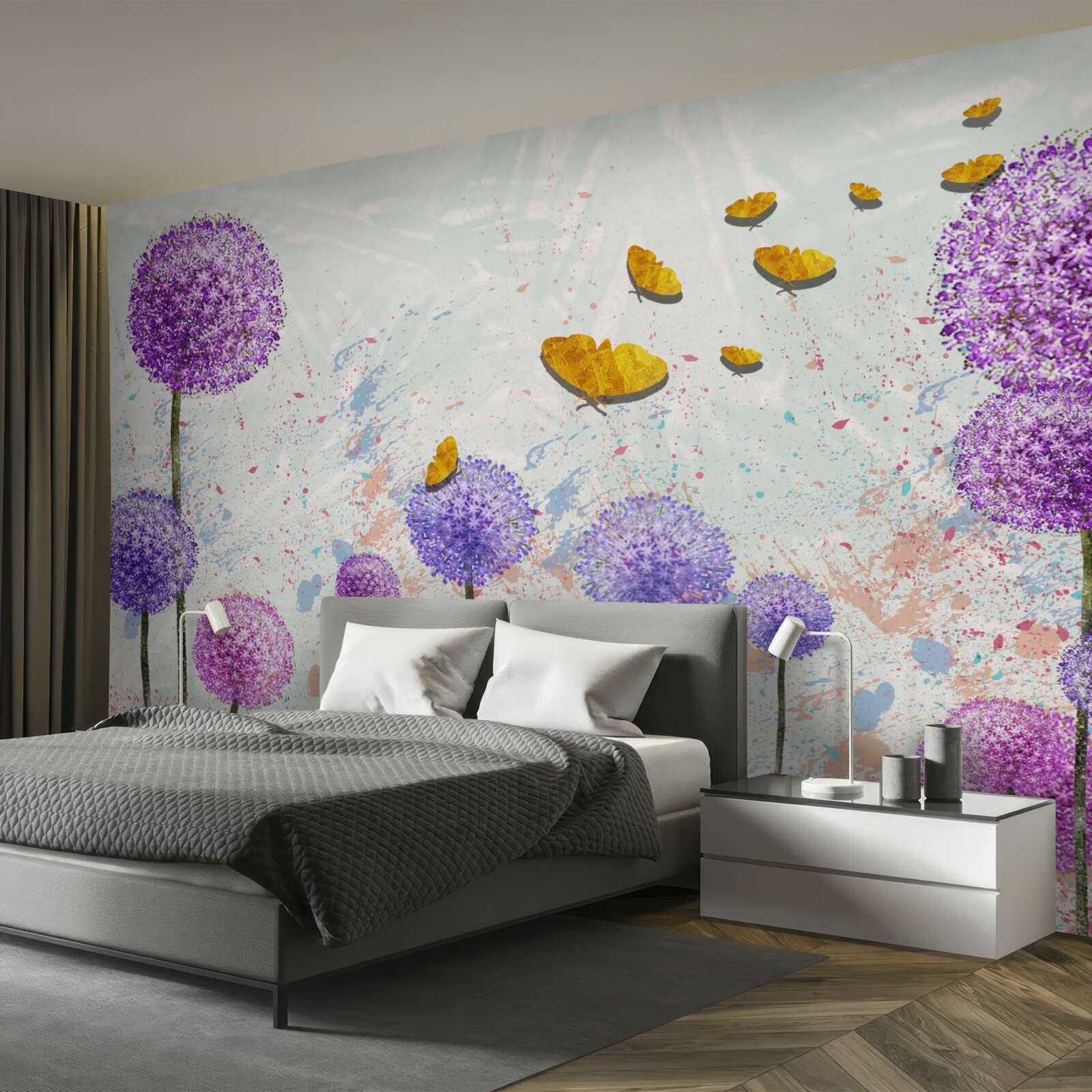 Фотошпалери різнокольорові молочаї та яскраво-золоті метелики