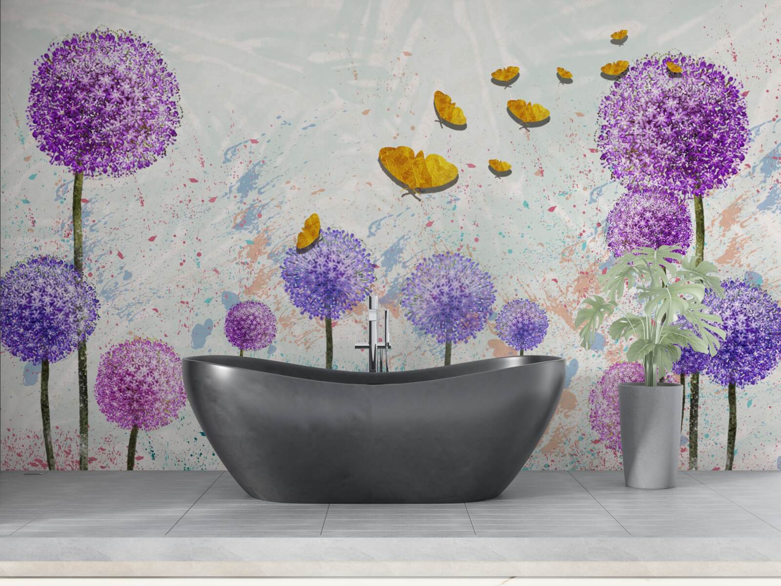 Фотошпалери різнокольорові молочаї та яскраво-золоті метелики