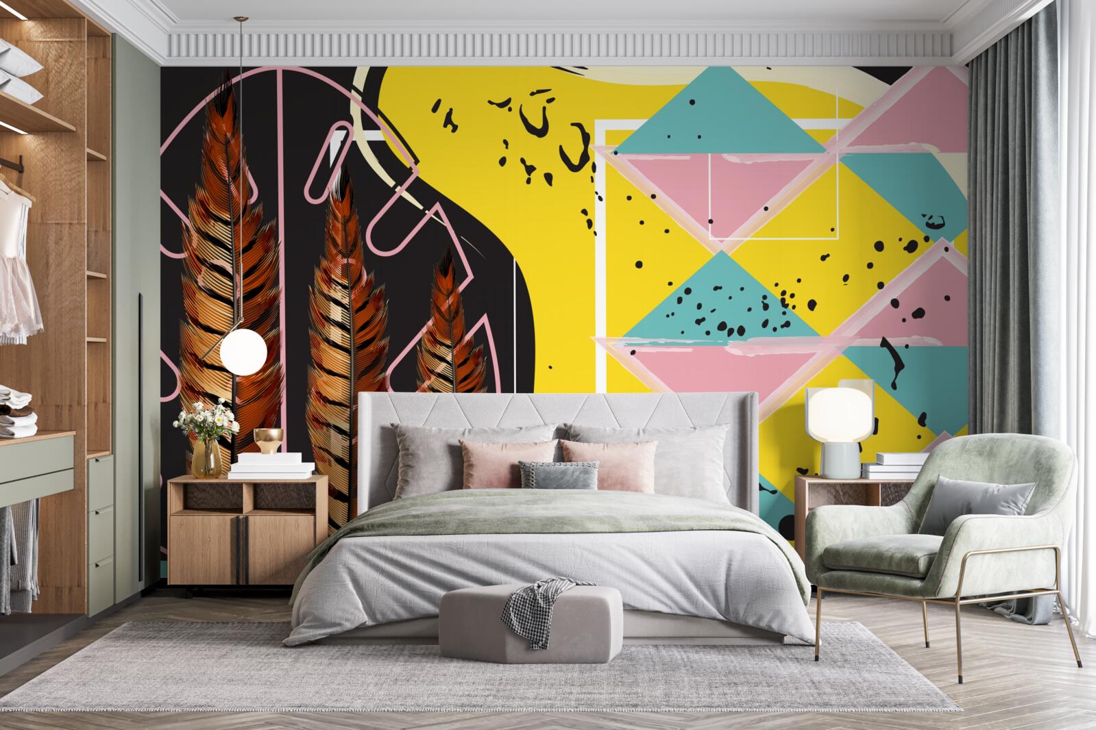 Фотошпалери геометричні фігури на задньому плані виринають за жовтими колосками