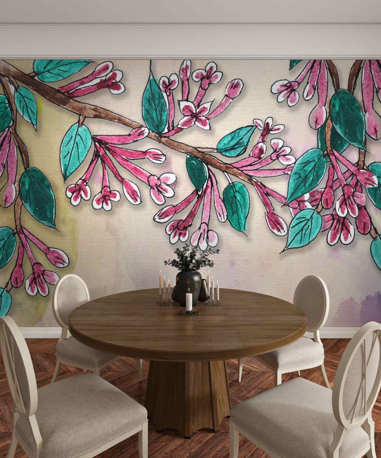 Фотошпалери гілка сакури зацвітає і залишає