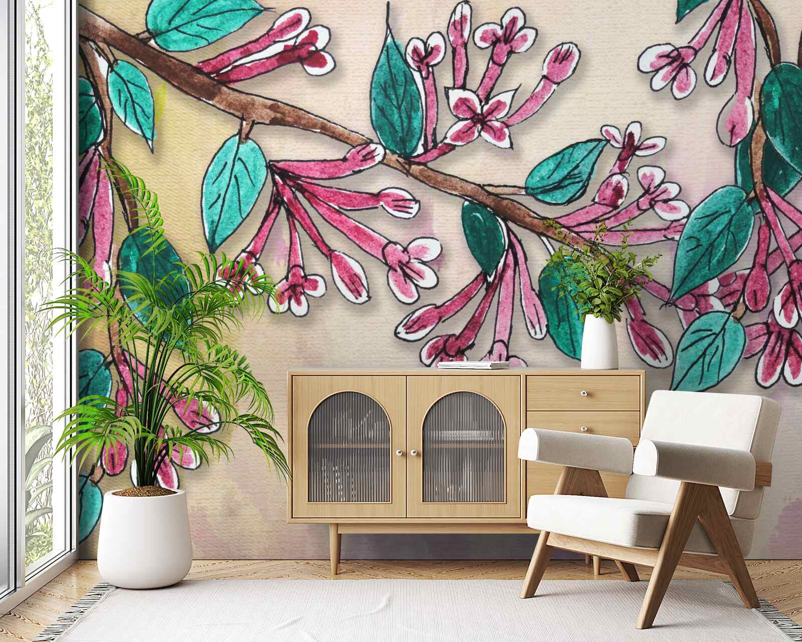 Фотошпалери гілка сакури зацвітає і залишає