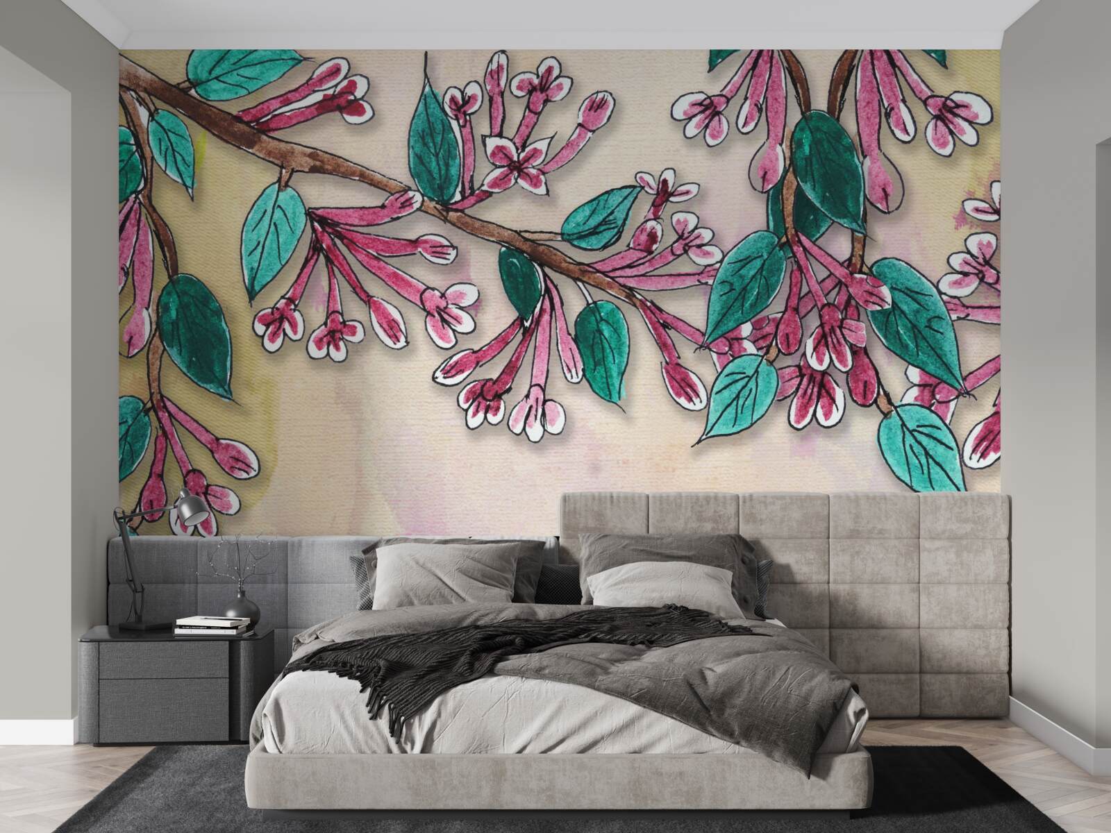 Фотошпалери гілка сакури зацвітає і залишає