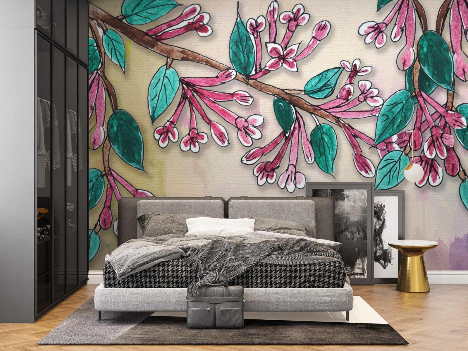 Фотошпалери гілка сакури зацвітає і залишає