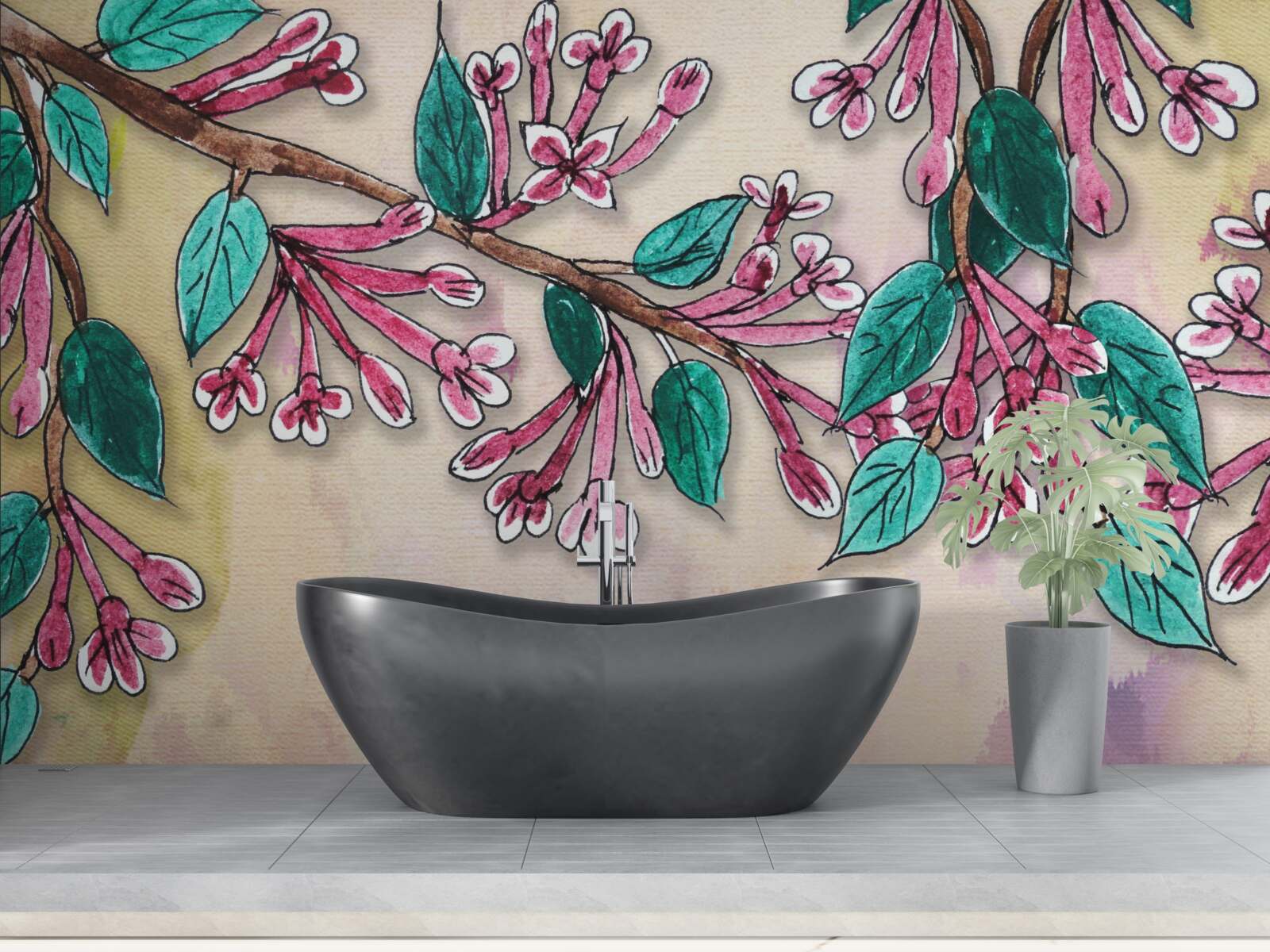 Фотошпалери гілка сакури зацвітає і залишає