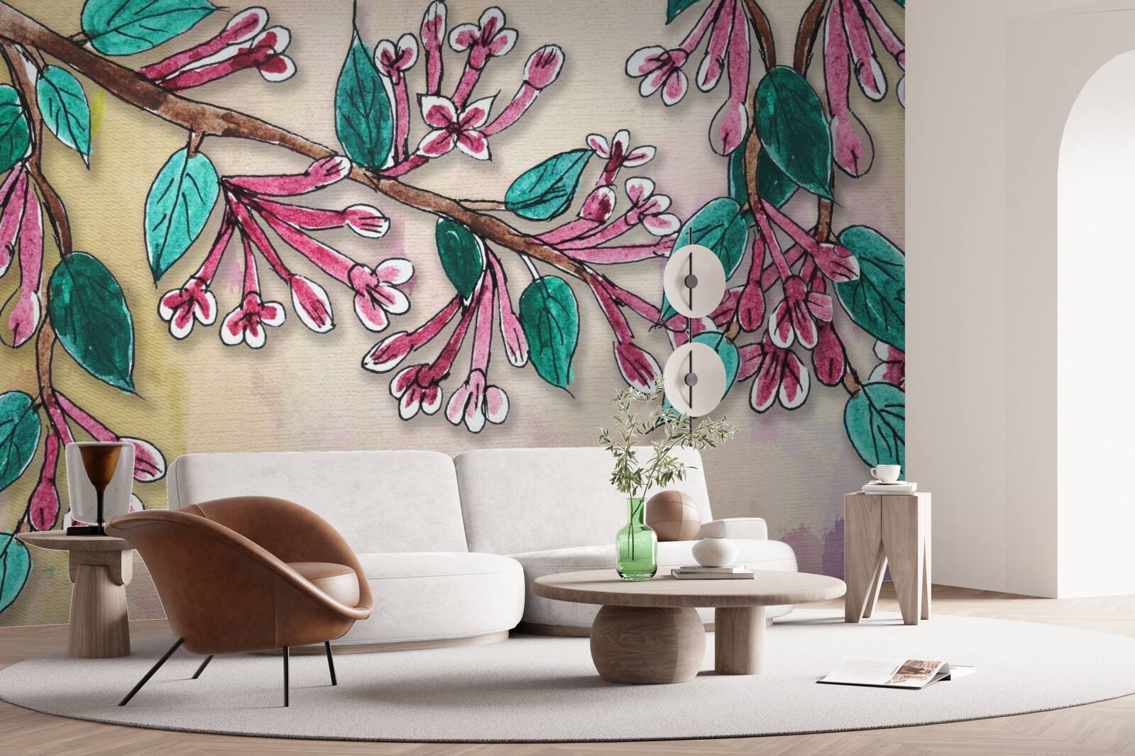 Фотошпалери гілка сакури зацвітає і залишає