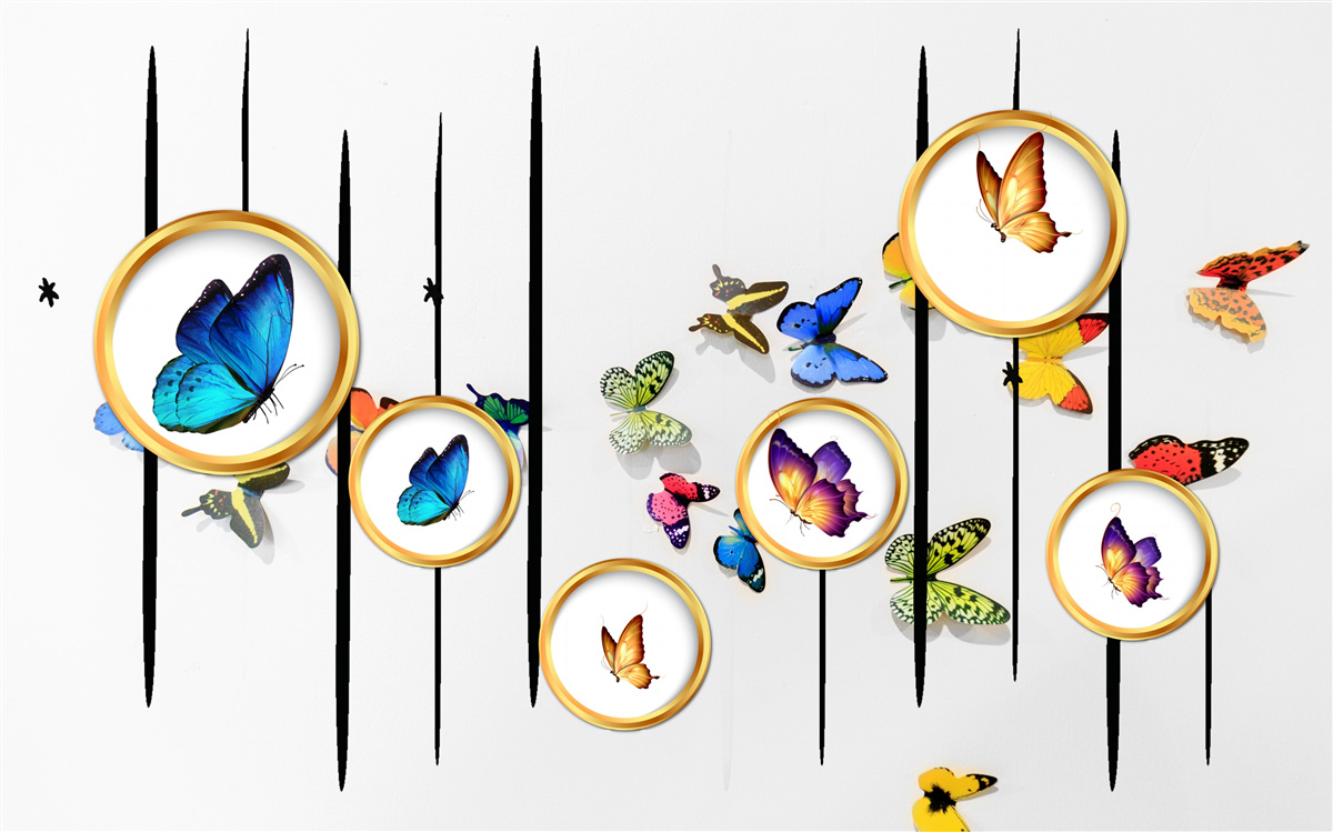 Фотошпалери на білому тлі - метелики в оточенні золотих кіл