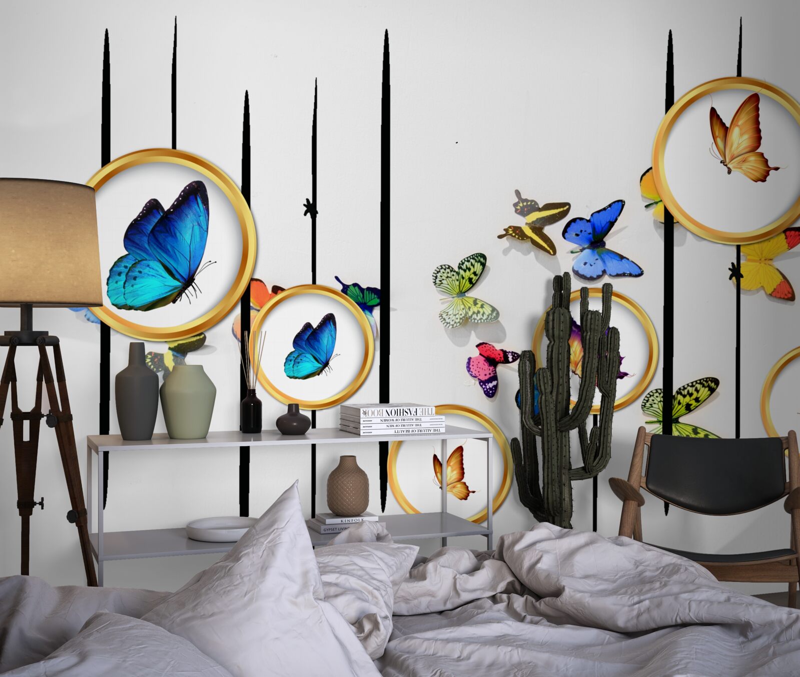 Фотошпалери на білому тлі - метелики в оточенні золотих кіл