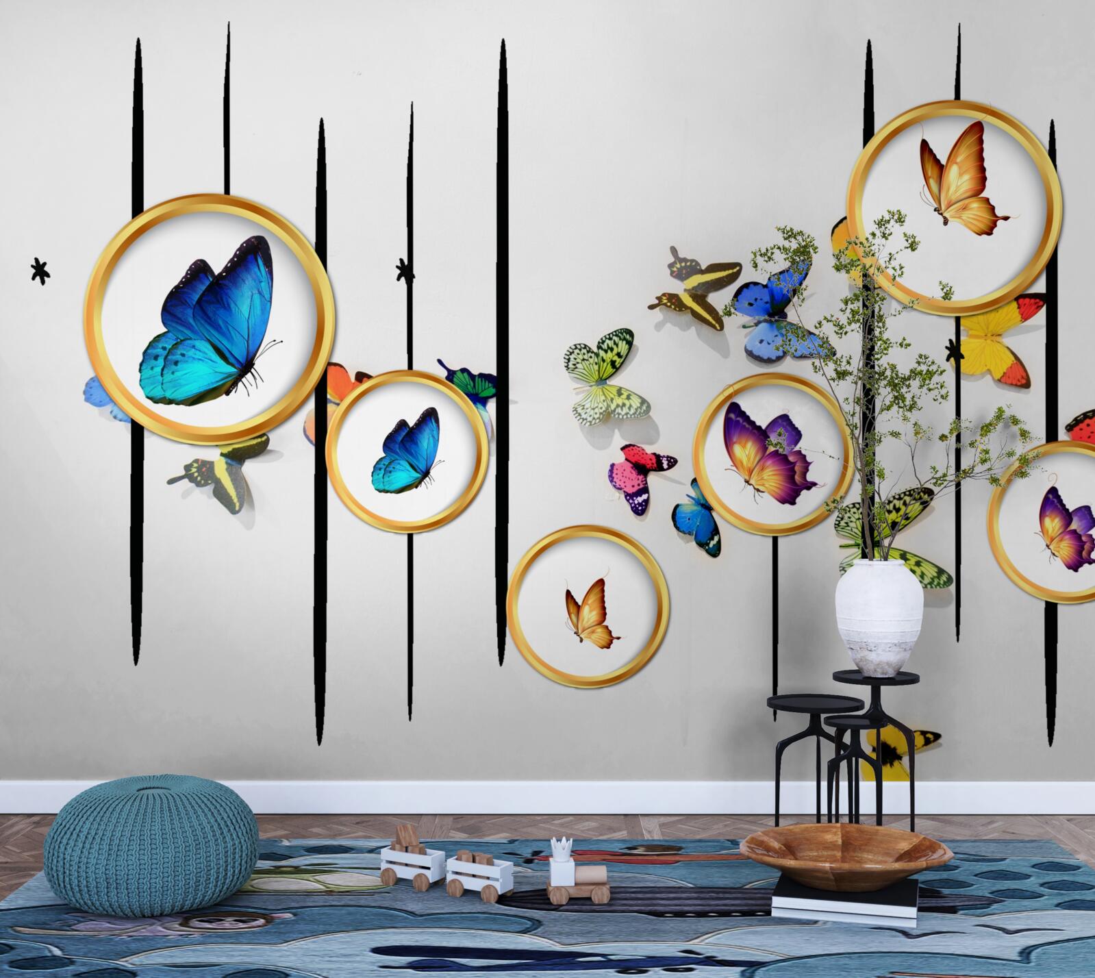 Фотошпалери на білому тлі - метелики в оточенні золотих кіл