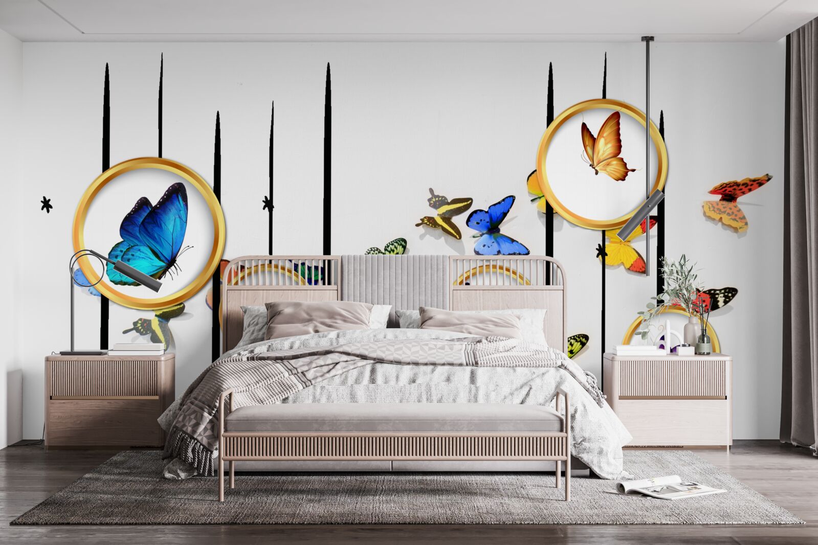 Фотошпалери на білому тлі - метелики в оточенні золотих кіл