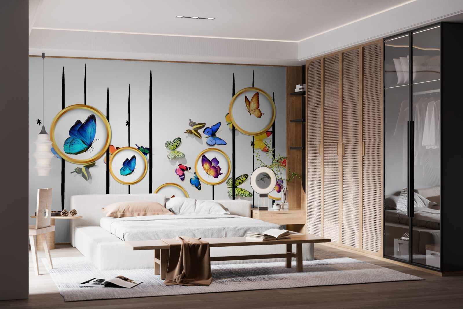 Фотошпалери на білому тлі - метелики в оточенні золотих кіл