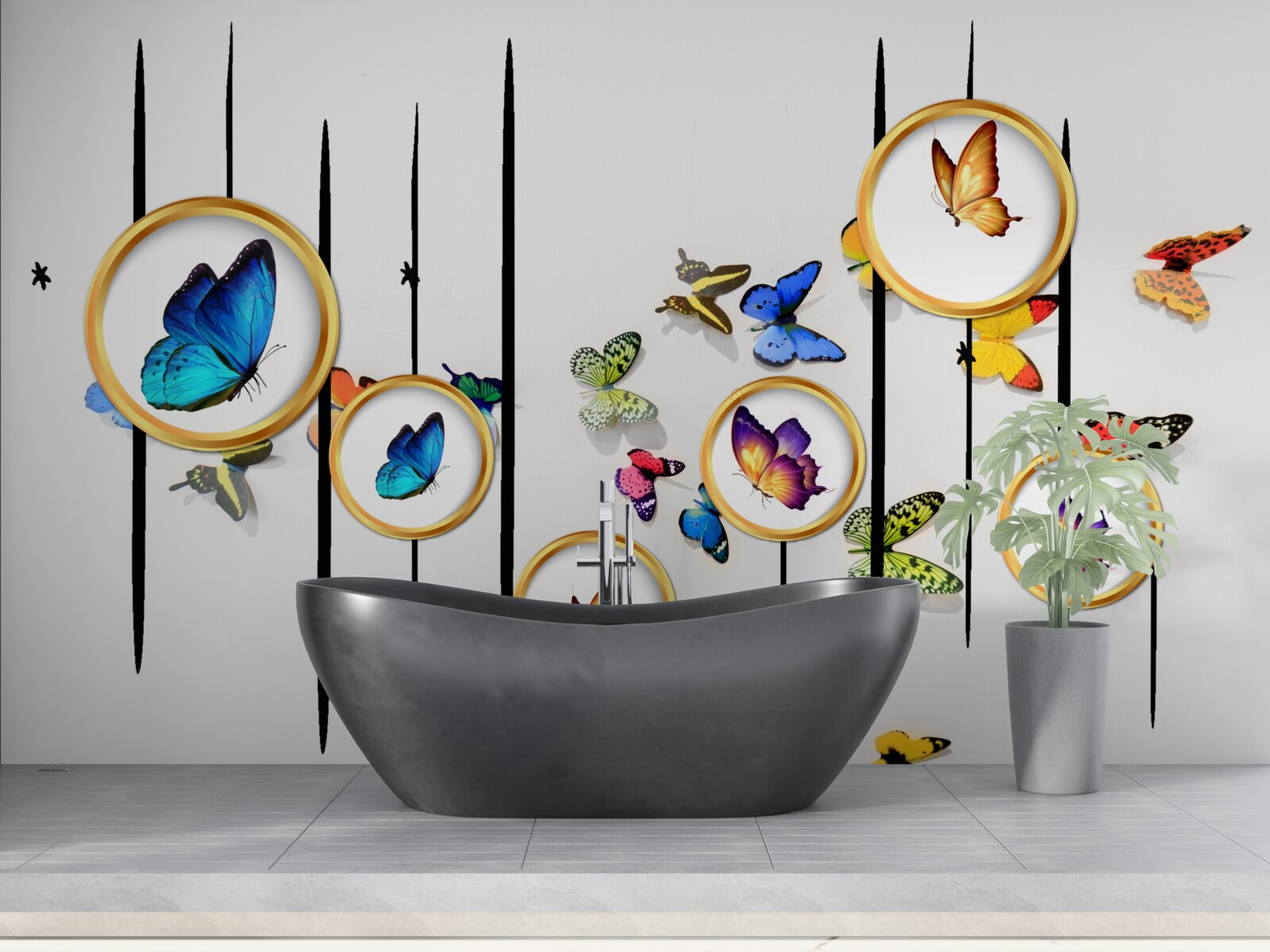 Фотошпалери на білому тлі - метелики в оточенні золотих кіл