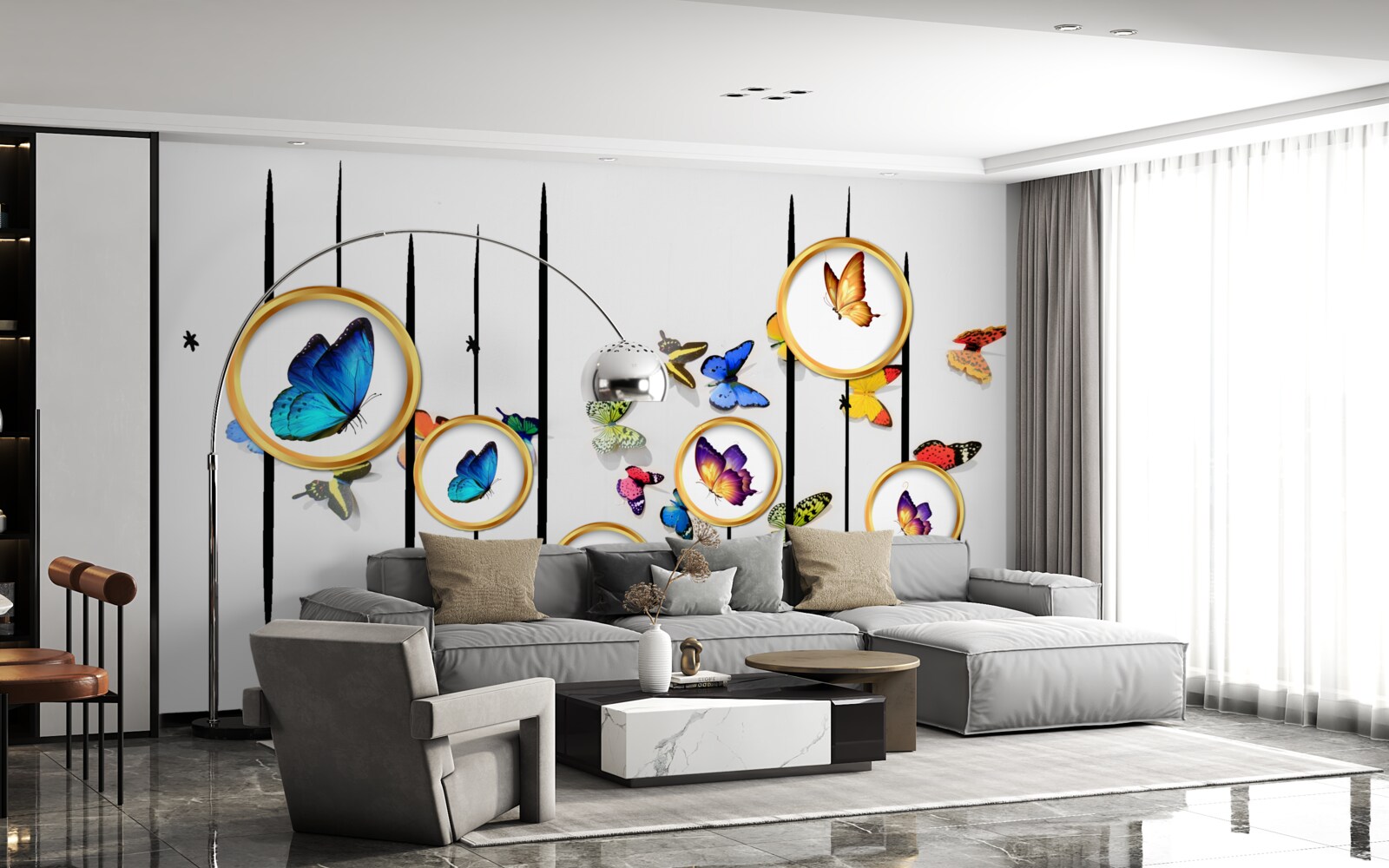 Фотошпалери на білому тлі - метелики в оточенні золотих кіл