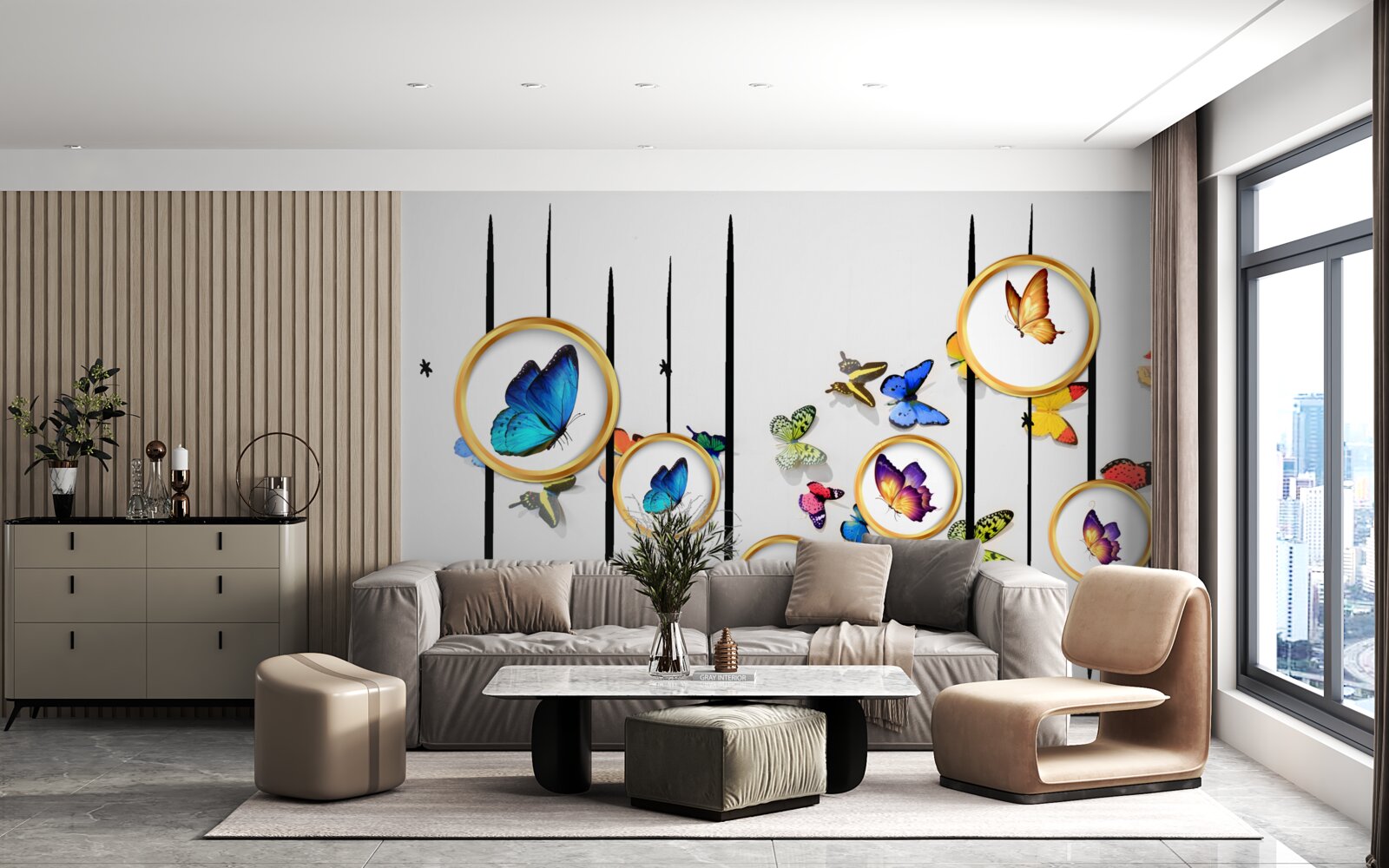 Фотошпалери на білому тлі - метелики в оточенні золотих кіл