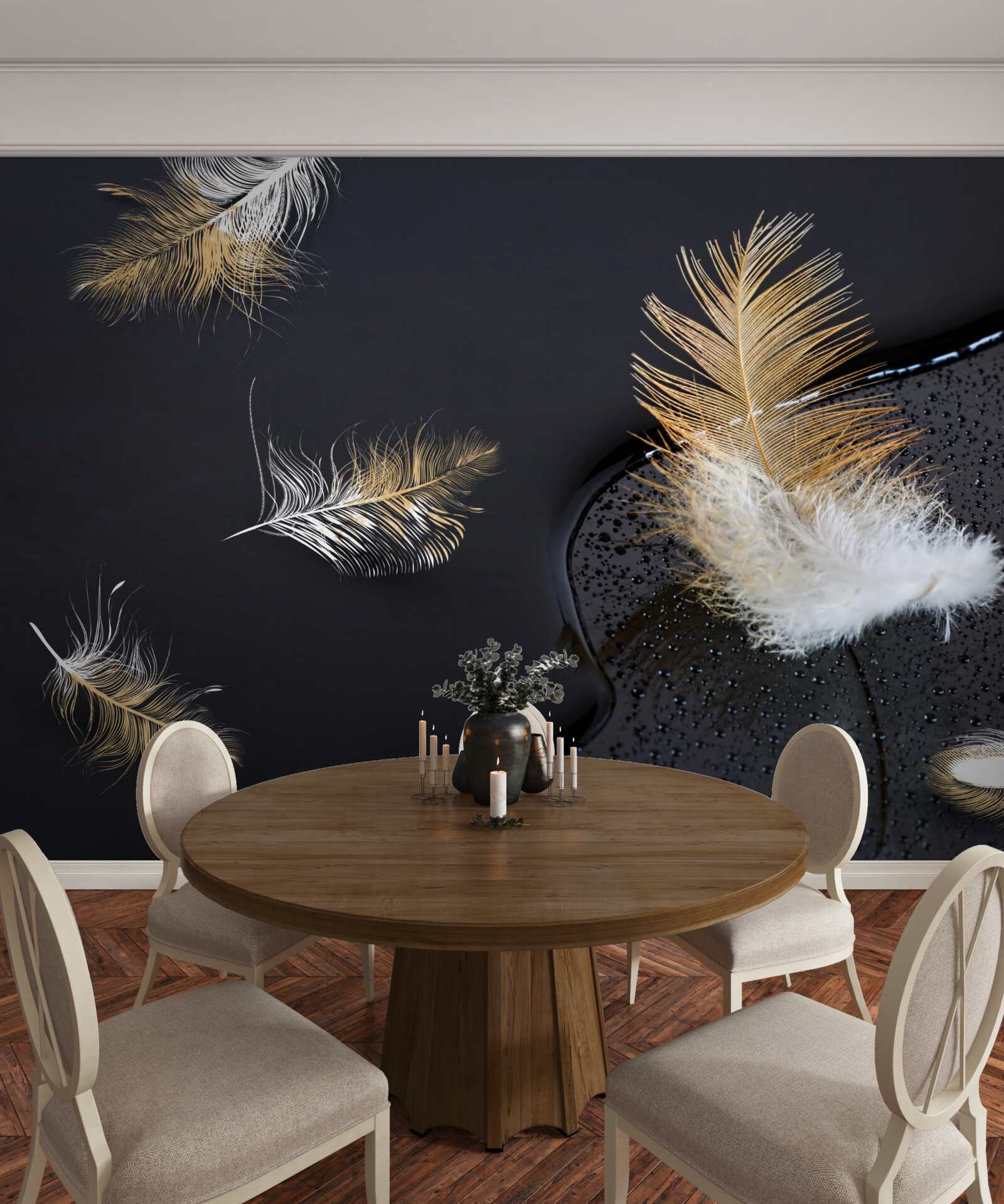 Фотошпалери м'який пух у білосніжному та золотому кольорах