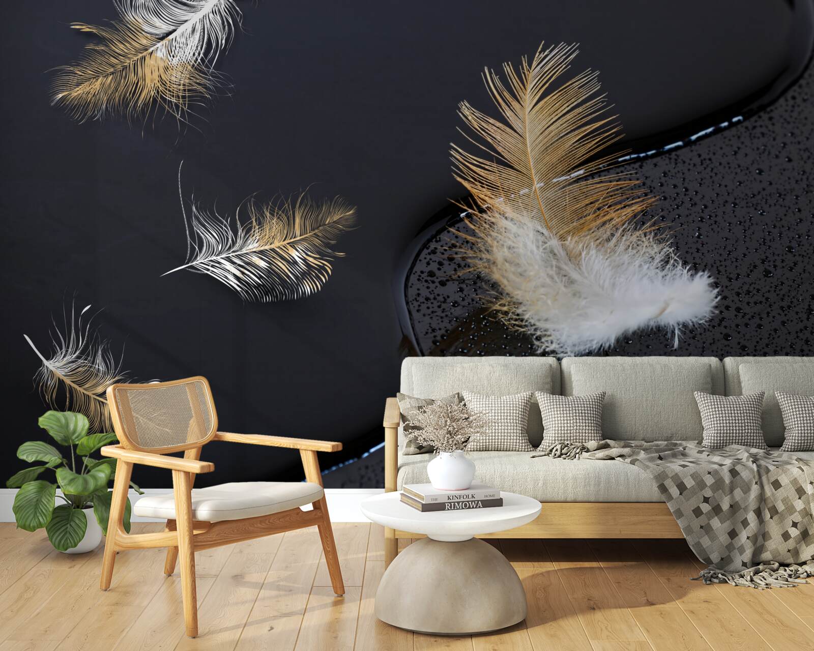 Фотошпалери м'який пух у білосніжному та золотому кольорах