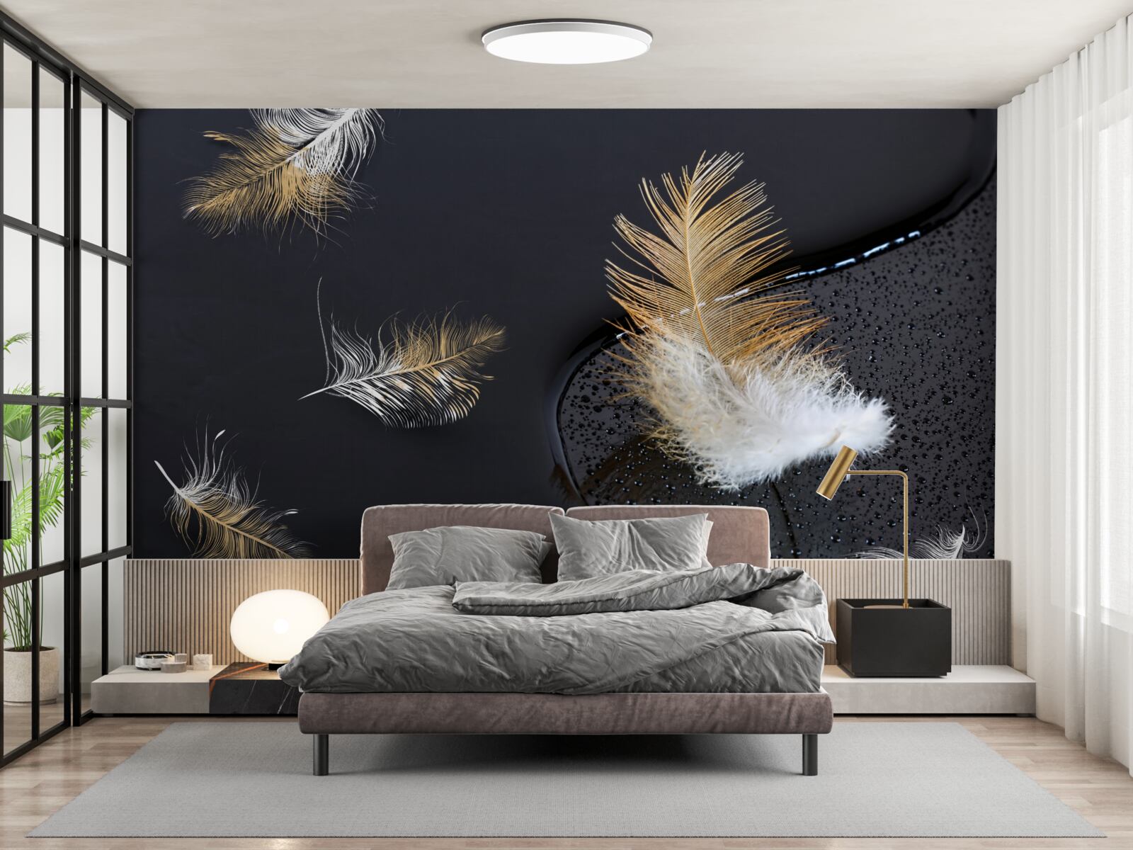 Фотошпалери м'який пух у білосніжному та золотому кольорах