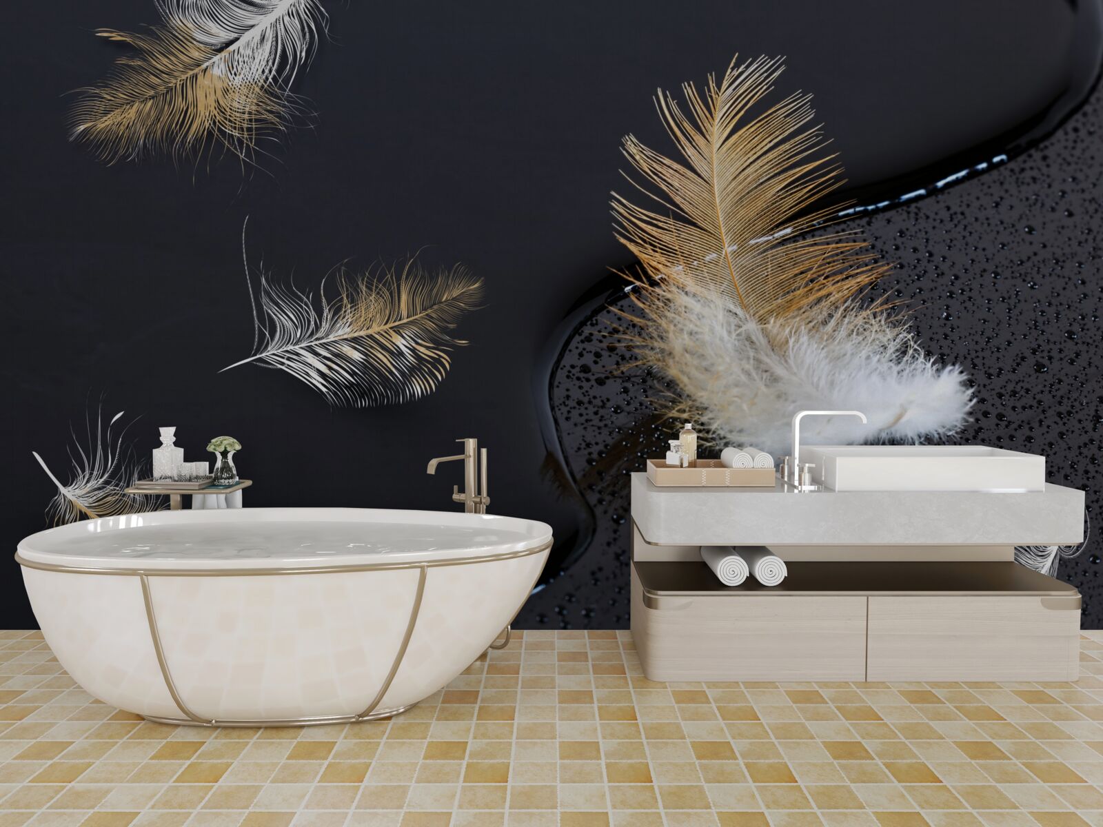 Фотошпалери м'який пух у білосніжному та золотому кольорах