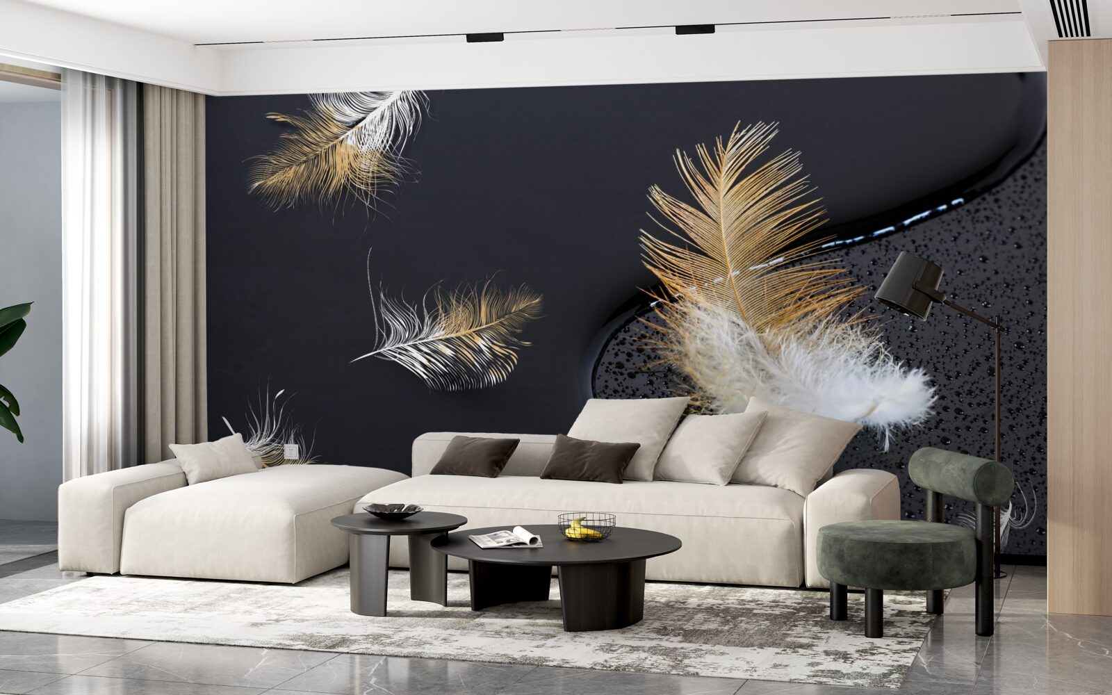 Фотошпалери м'який пух у білосніжному та золотому кольорах