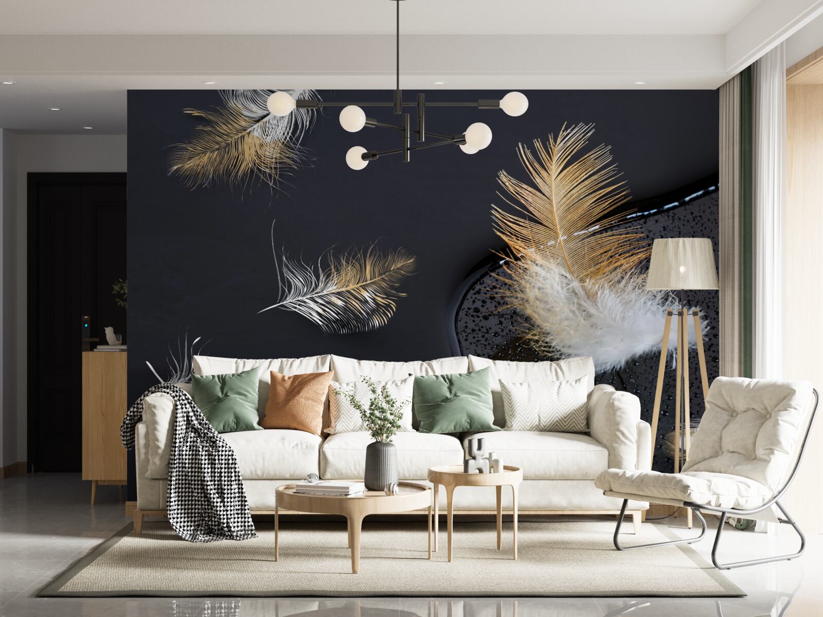 Фотошпалери м'який пух у білосніжному та золотому кольорах