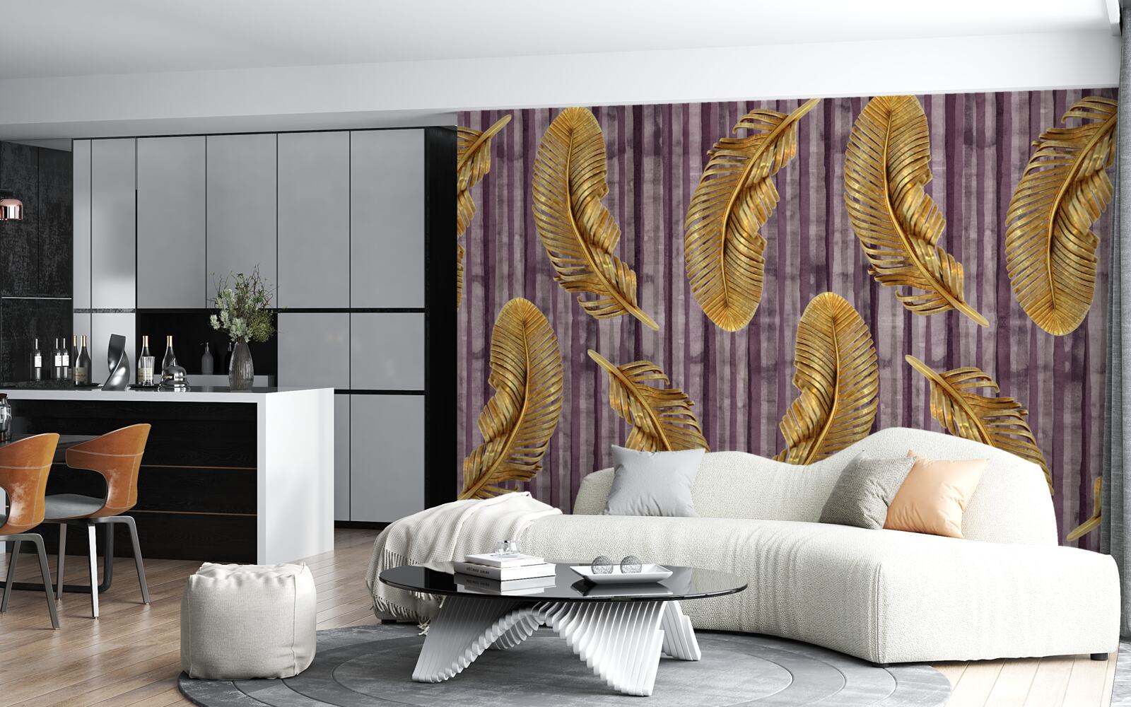 Фотошпалери фіолетовий фон, прикрашений золотим пір'ям