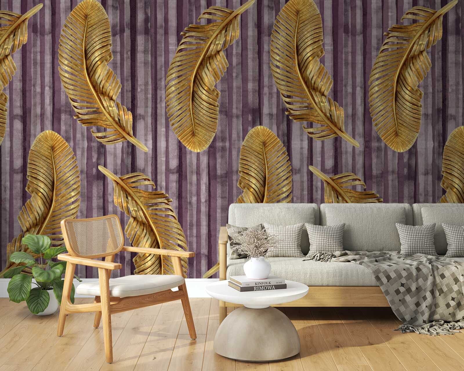 Фотошпалери фіолетовий фон, прикрашений золотим пір'ям