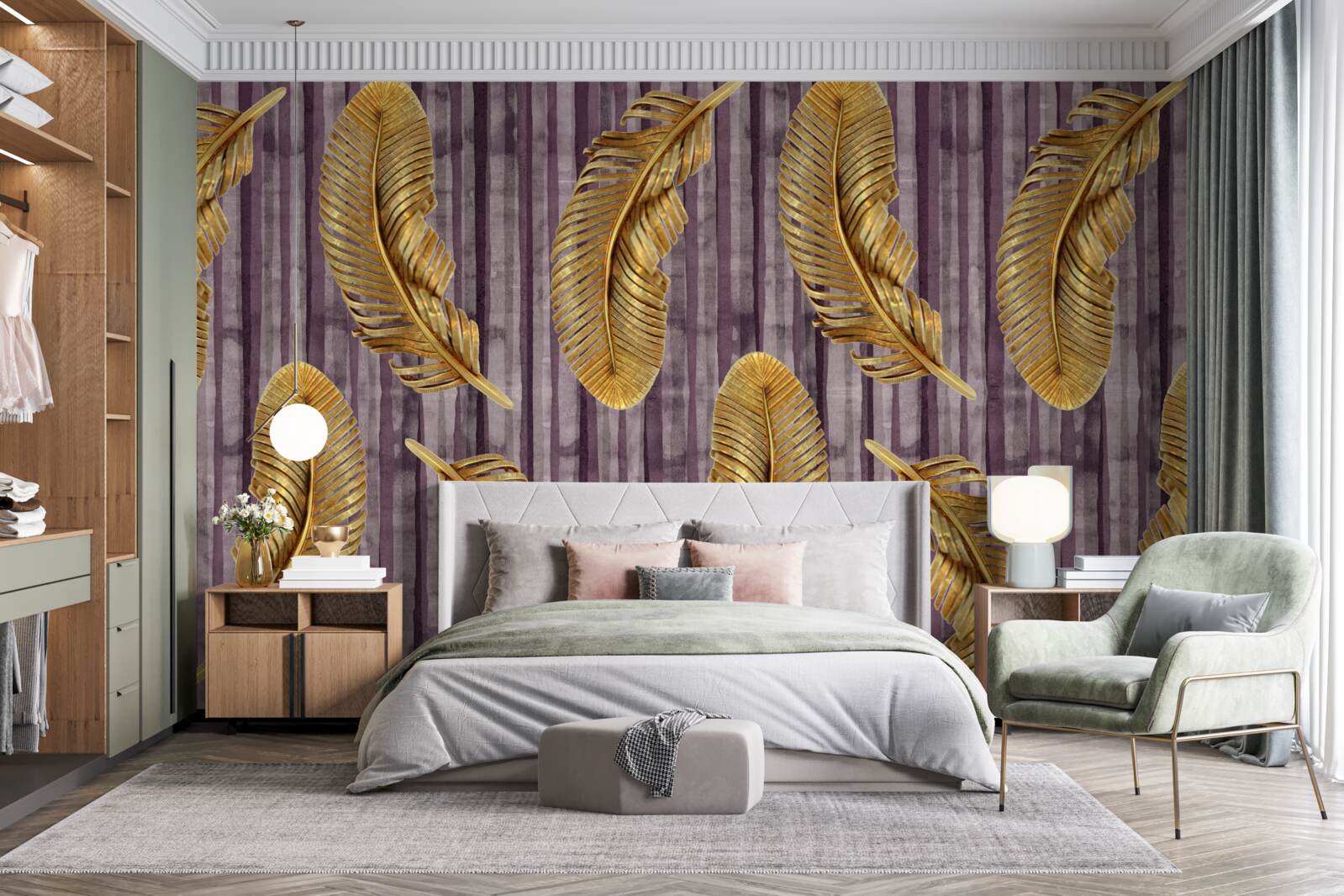 Фотошпалери фіолетовий фон, прикрашений золотим пір'ям