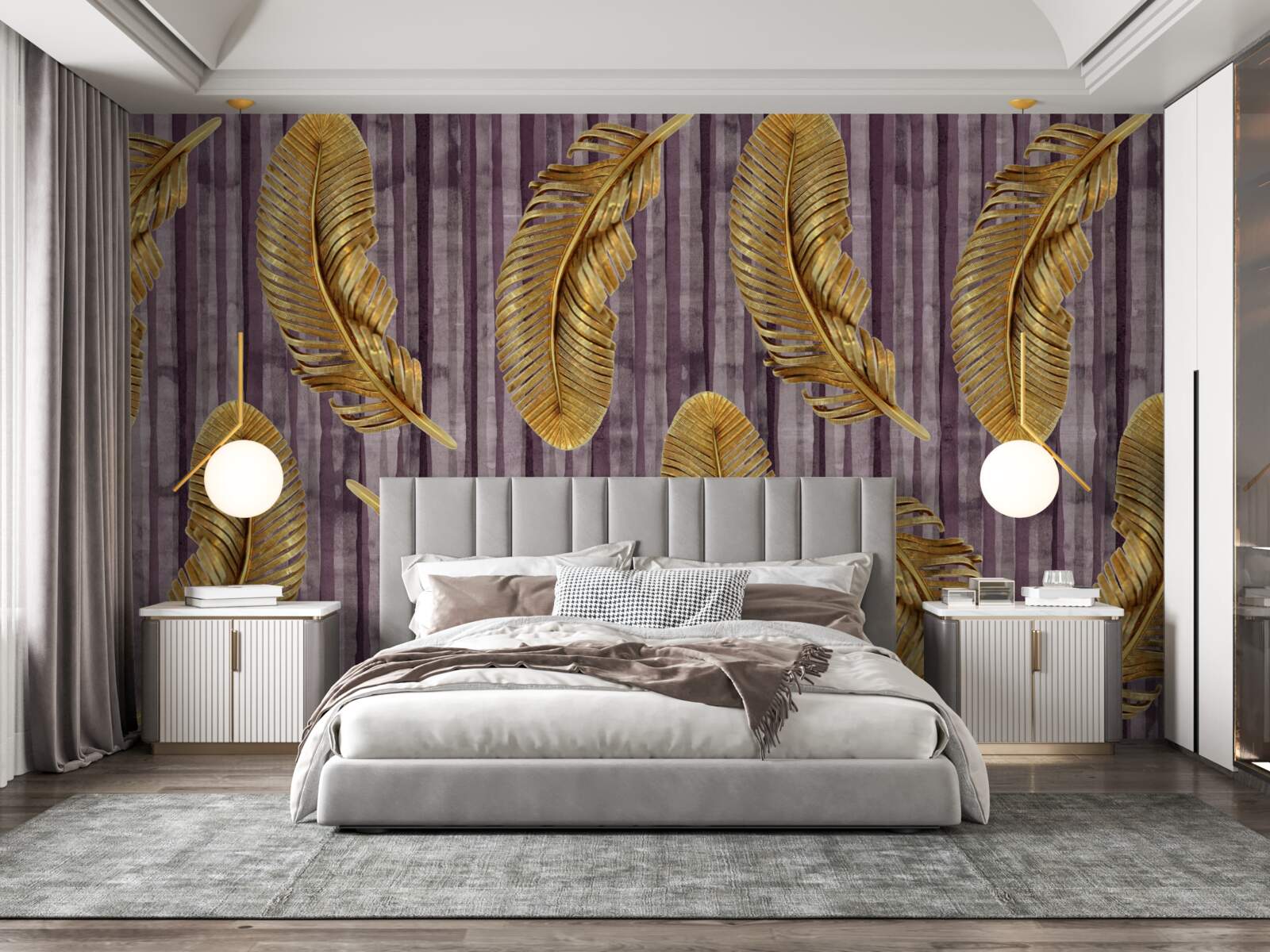 Фотошпалери фіолетовий фон, прикрашений золотим пір'ям