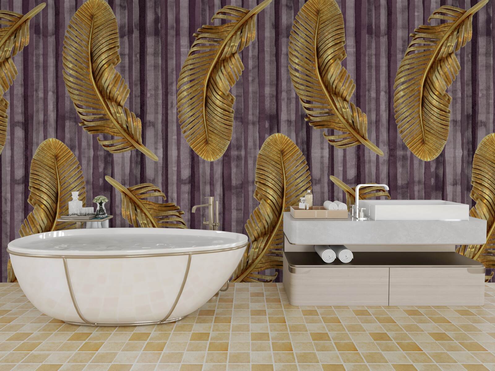 Фотошпалери фіолетовий фон, прикрашений золотим пір'ям