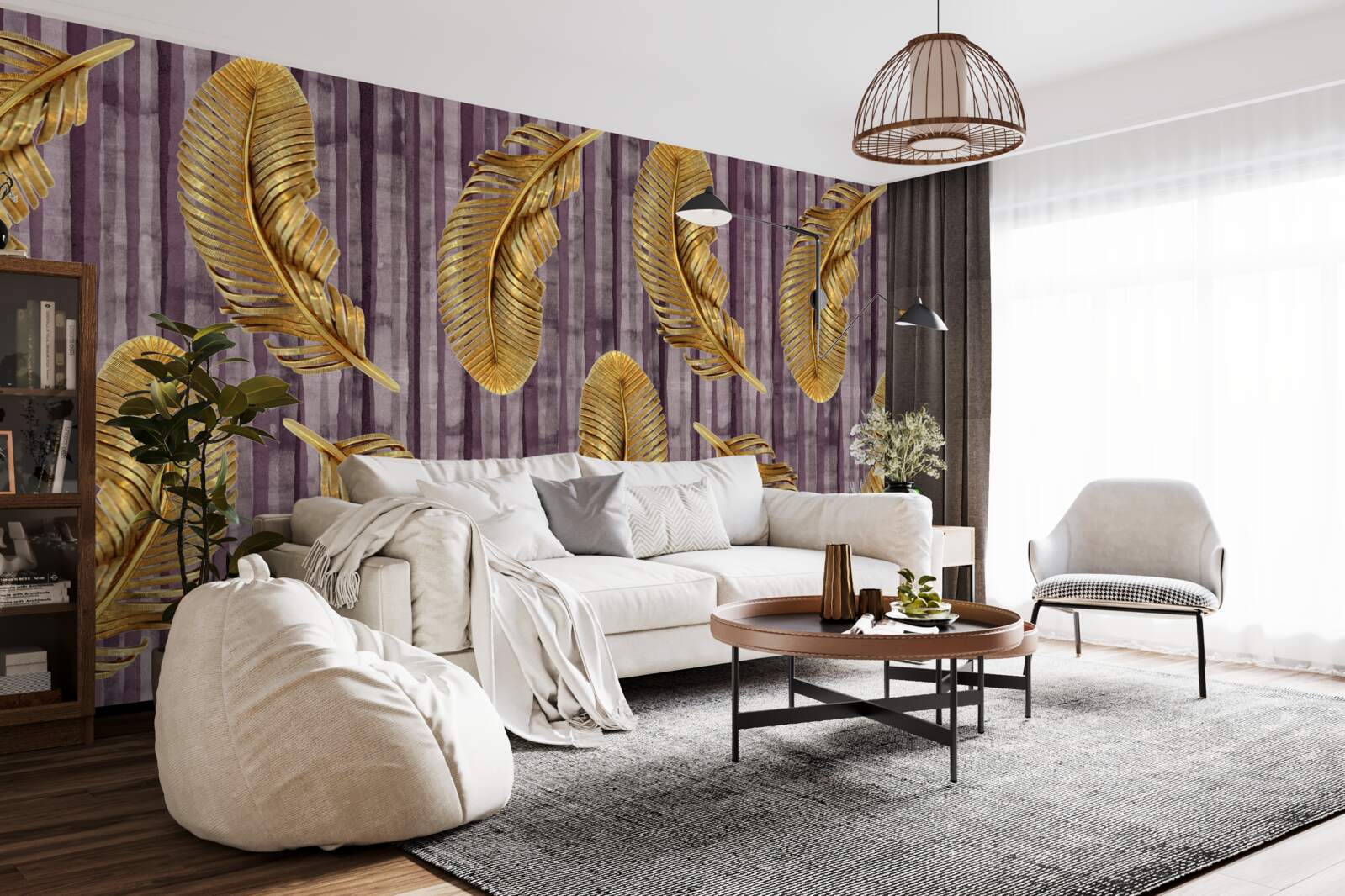 Фотошпалери фіолетовий фон, прикрашений золотим пір'ям