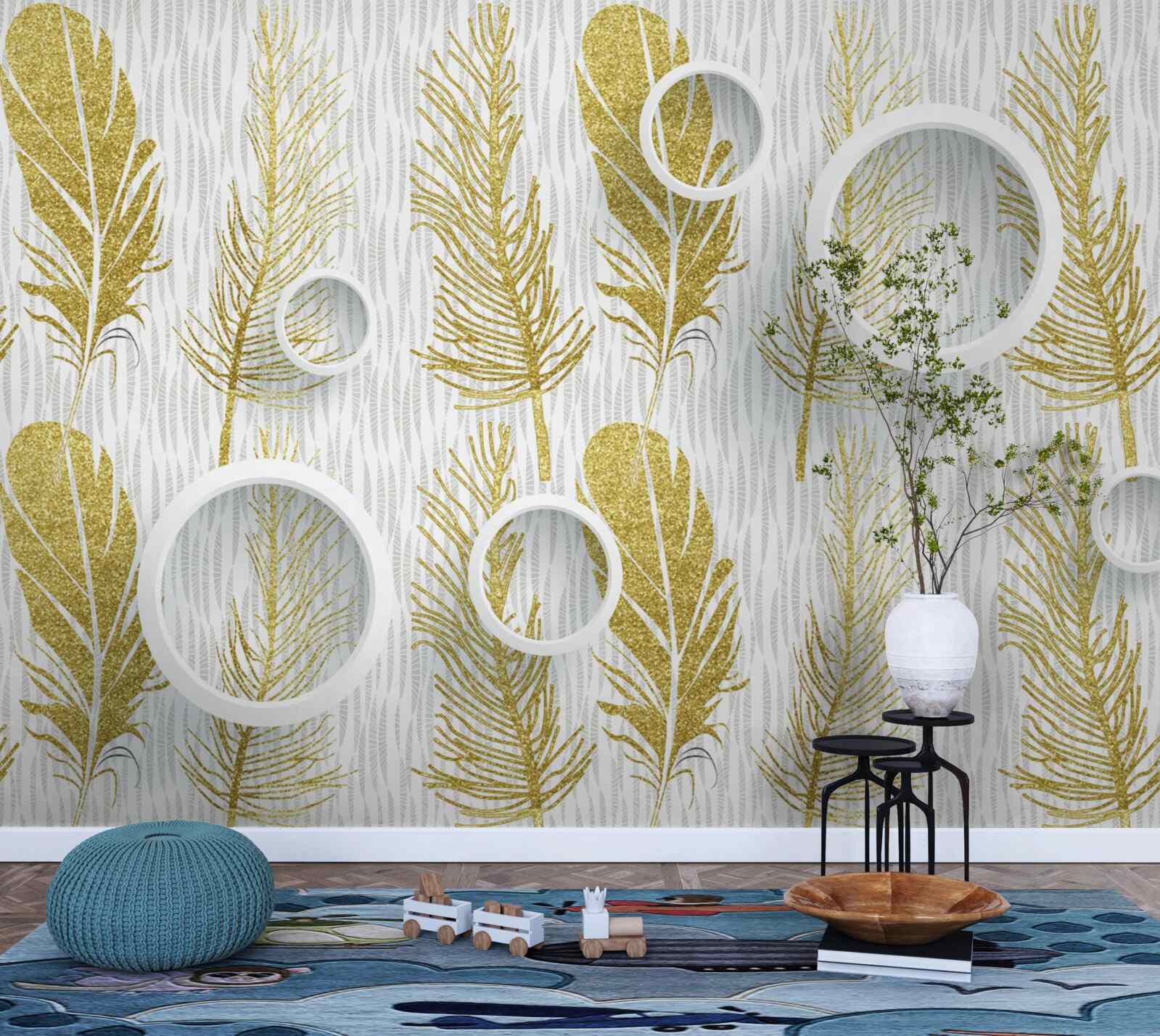 Фотошпалери золоте пухнасте пір'я та білосніжні кола