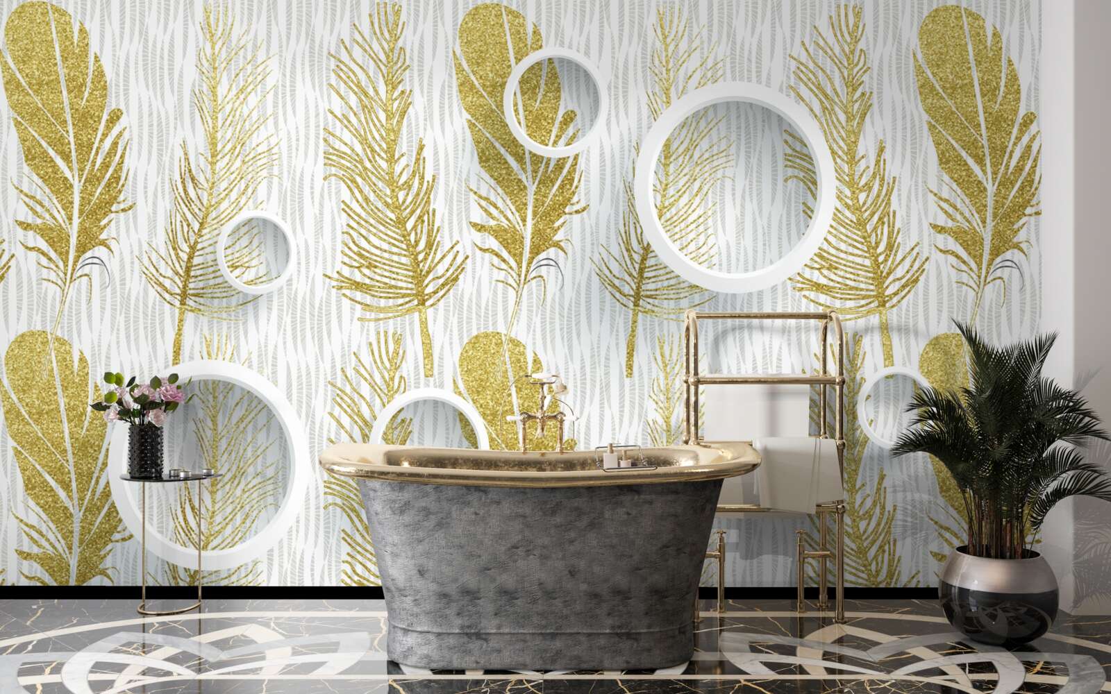 Фотошпалери золоте пухнасте пір'я та білосніжні кола