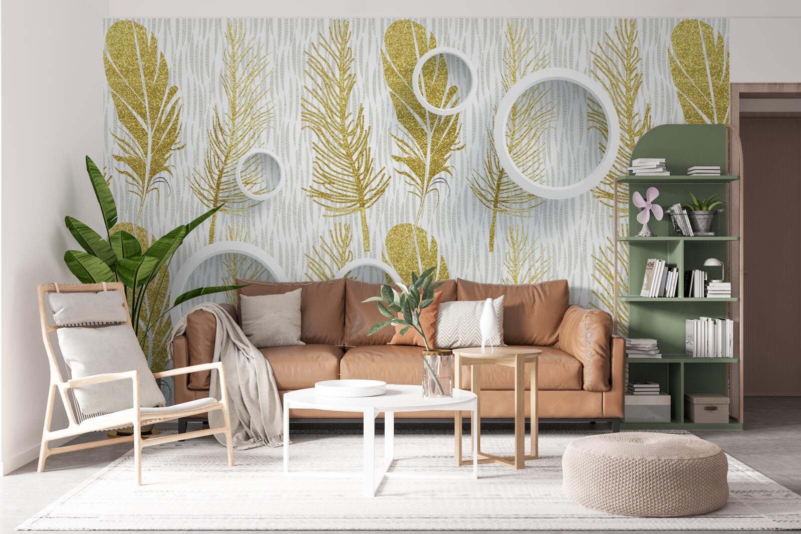 Фотошпалери золоте пухнасте пір'я та білосніжні кола