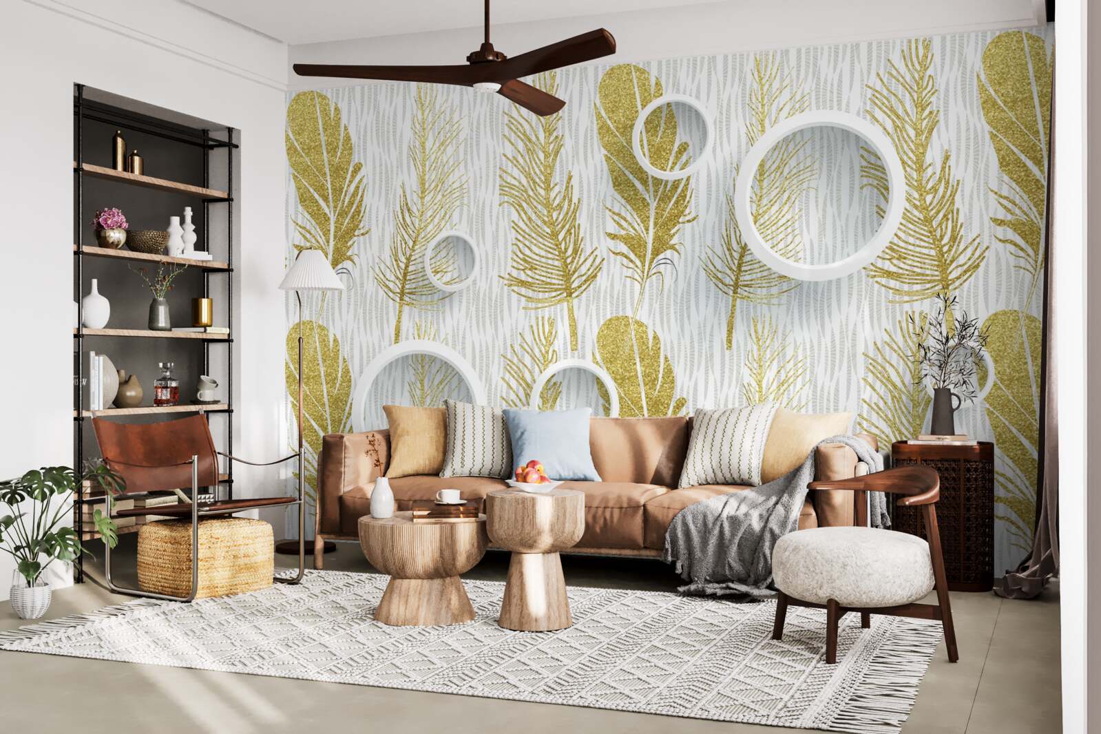 Фотошпалери золоте пухнасте пір'я та білосніжні кола