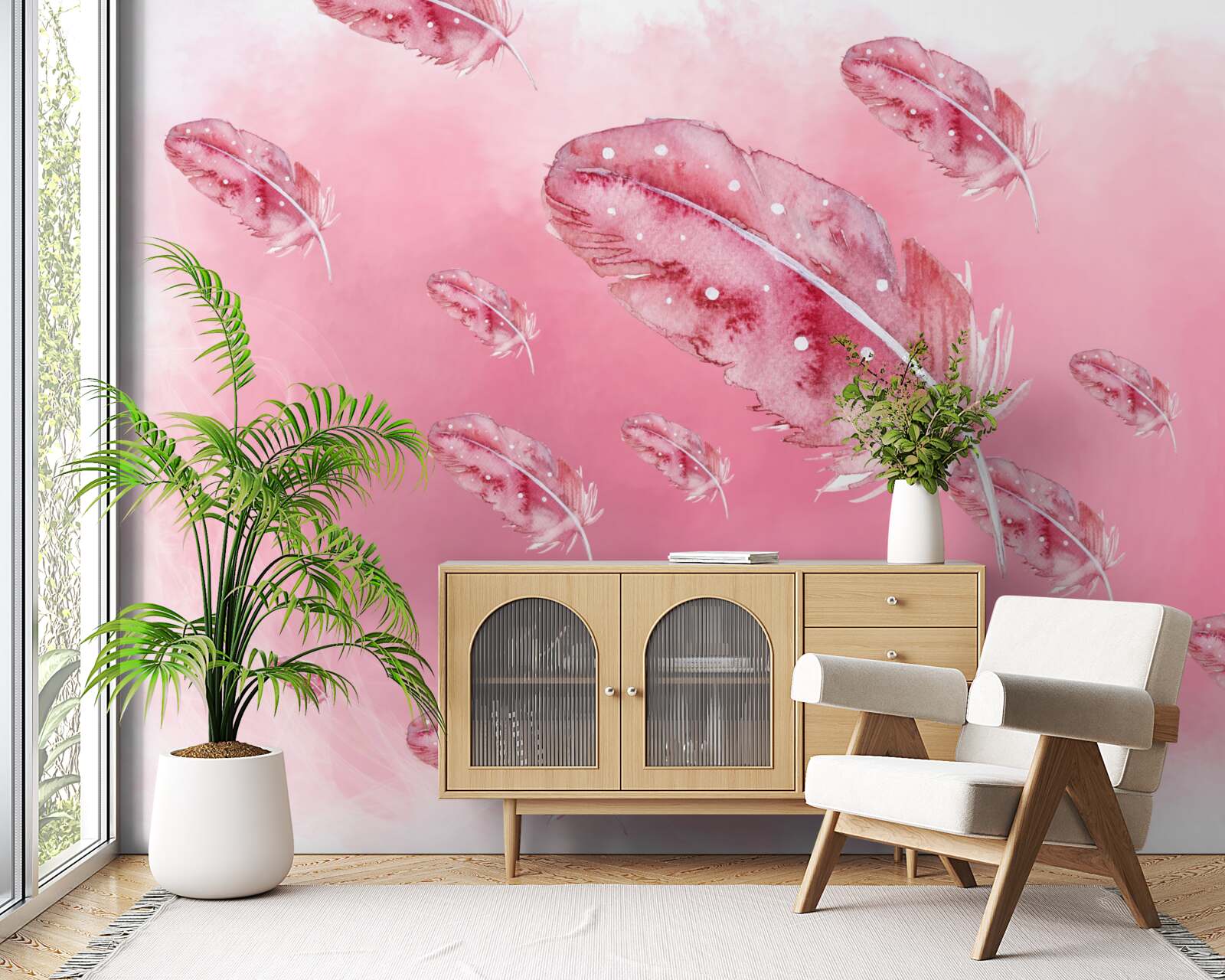 Фотошпалери рожеве пір'я на рожевому тлі