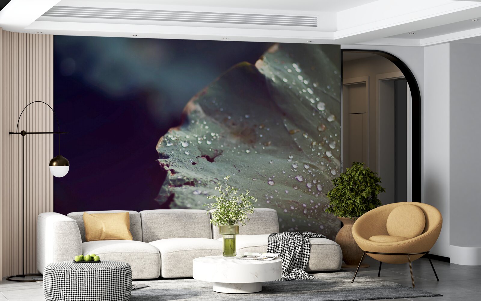 Фотошпалери зернятка ранньої роси на листі